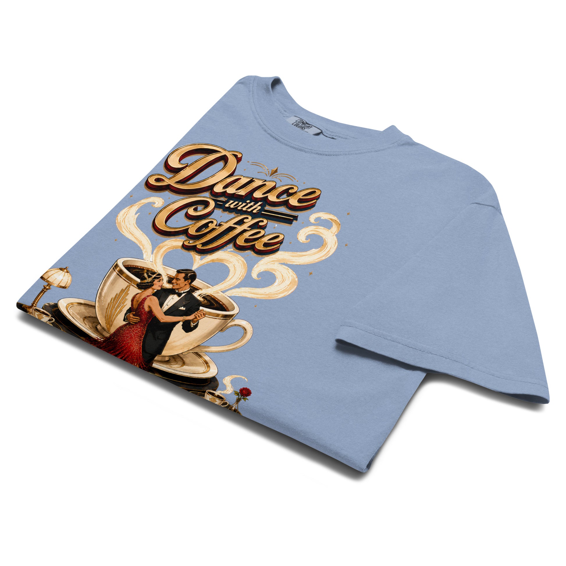 Coffee Lovers Unisex Garment-Dyed Heavyweight T-Shirt Dance with Coffee – Art Deco Dancer & Giant Cup Graphic Tee by printfluence.net