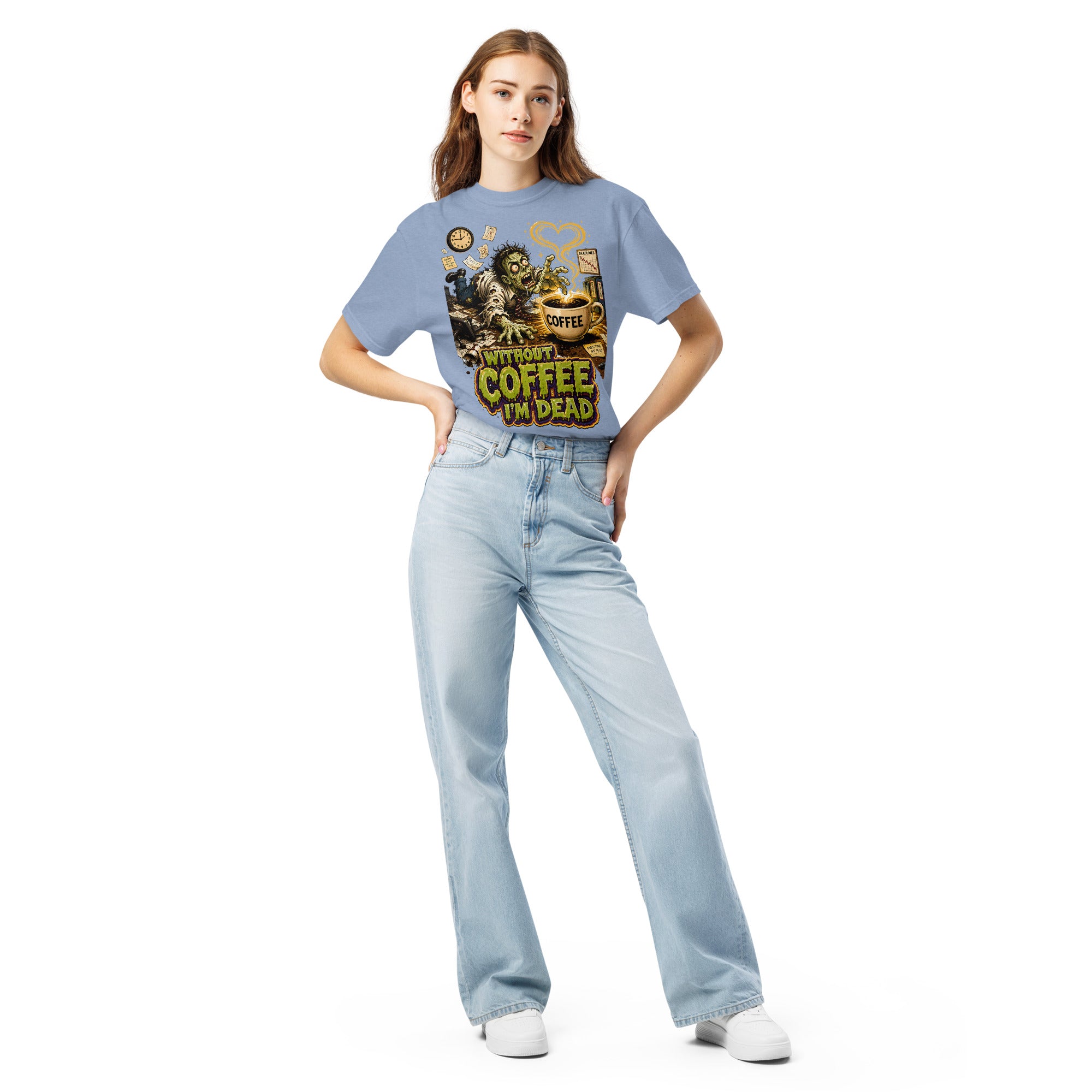 Coffee Lovers Unisex Garment-Dyed Heavyweight T-Shirt Without Coffee I'm Dead – Zombie Office Humor Graphic Tee by printfluence.net