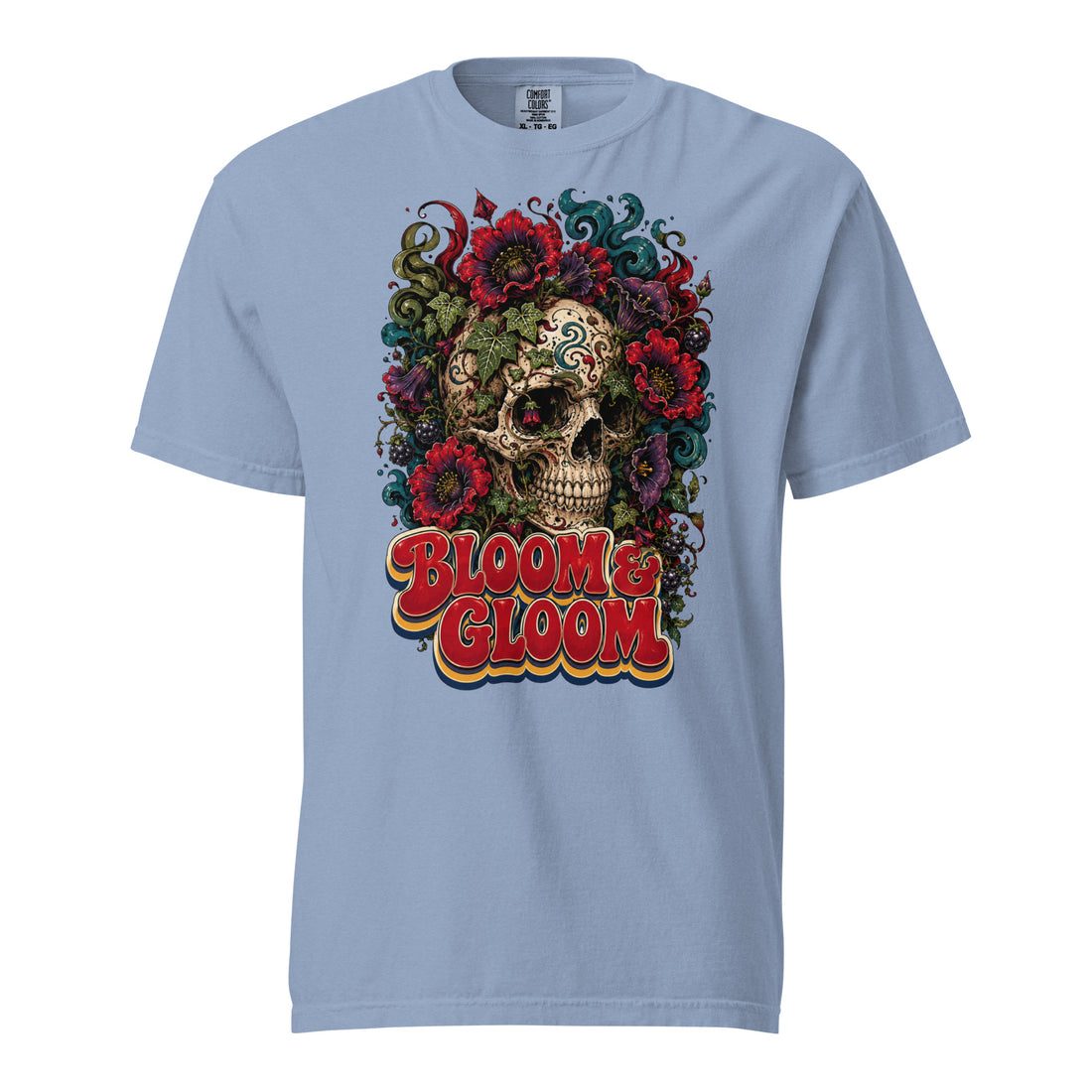 Dark Florals & Gothic Aesthetic Lovers Unisex Garment-Dyed Heavyweight T-Shirt with Skull and "Bloom & Gloom" Design by printfluence.net