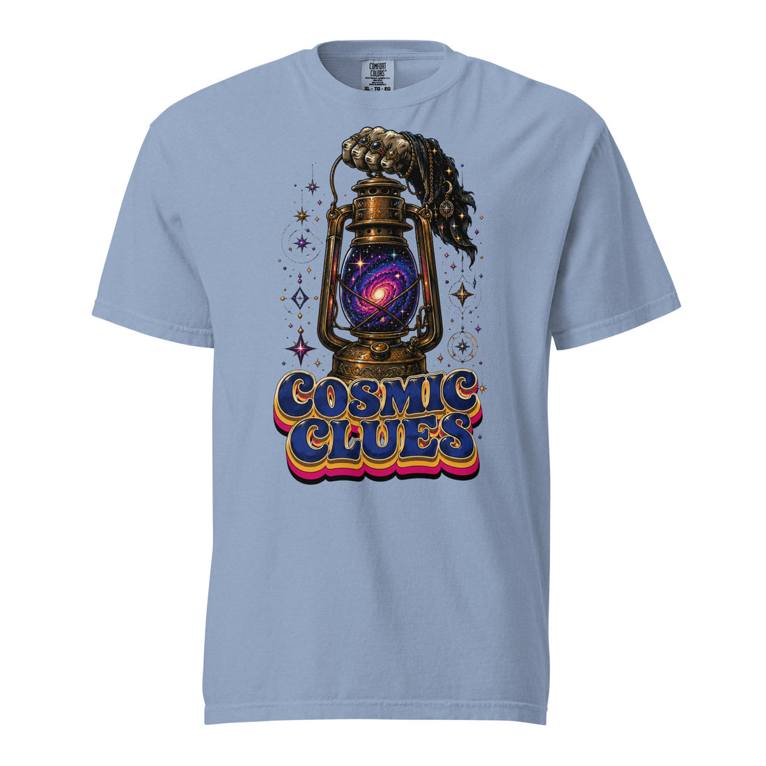 Cosmic & Esoteric Mystery Lovers Unisex Garment-Dyed Heavyweight T-Shirt with Galaxy Lantern and "Cosmic Clues" Design by printfluence.net
