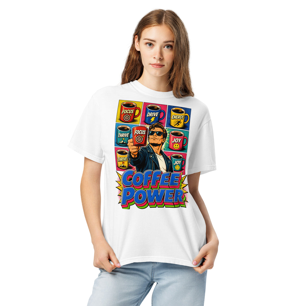 Coffee Lovers Unisex Garment-Dyed Heavyweight T-shirt Coffee Power – Retro Pop Art Motivational Graphic Tee by printfluence.net