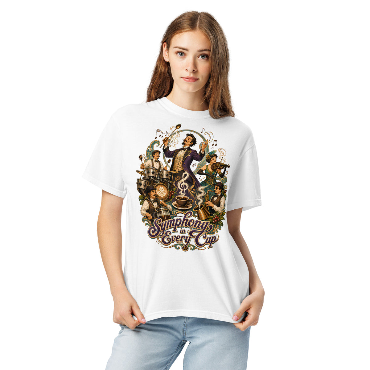 Coffee Lovers Unisex Heavyweight T-shirt Symphony in Every Cup – Musical & Orchestral Coffee Graphic Tee by printfluence.net