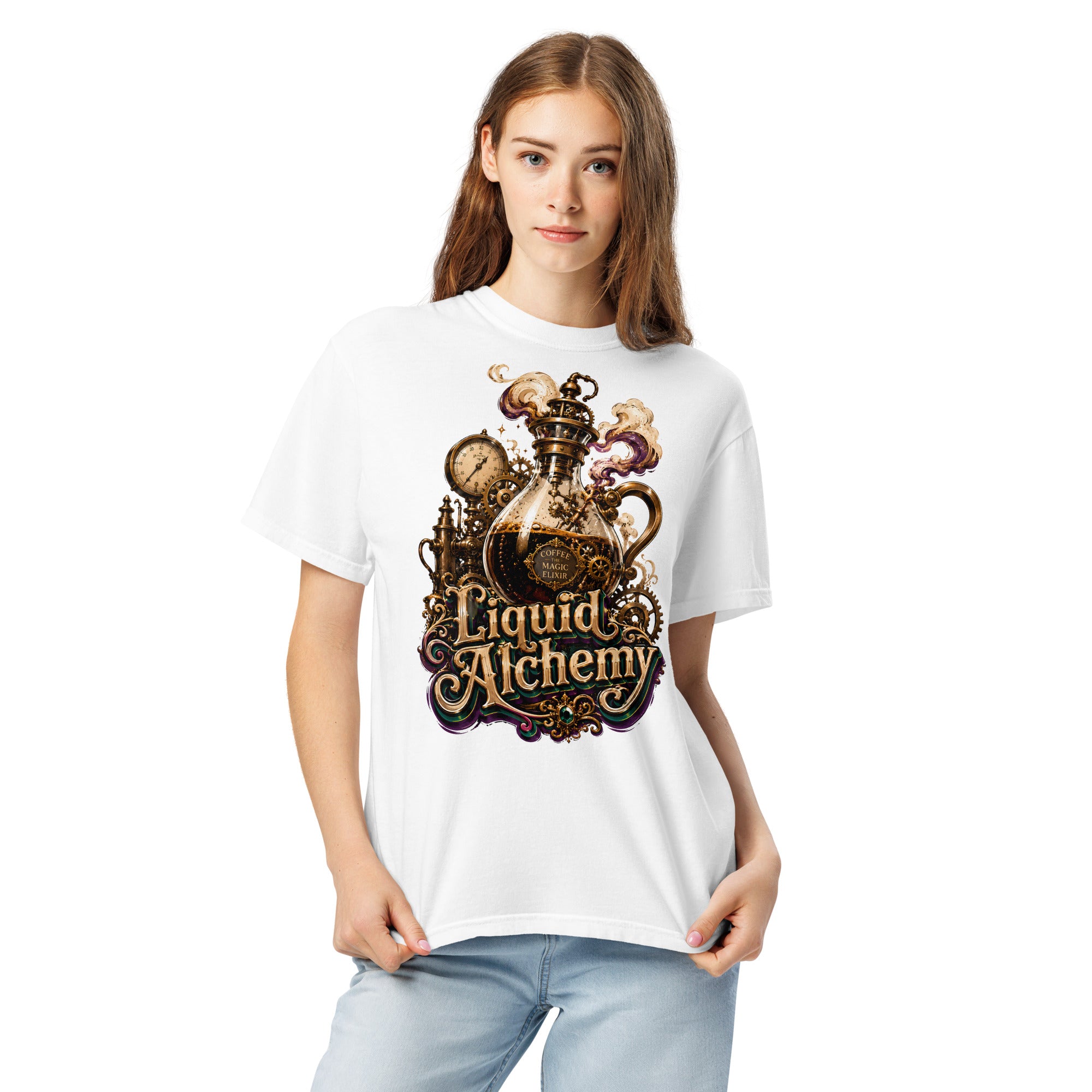 Coffee Lovers Unisex Garment-Dyed Heavyweight T-shirt Liquid Alchemy – Steampunk Coffee Magic Elixir Graphic Tee by printfluence.net