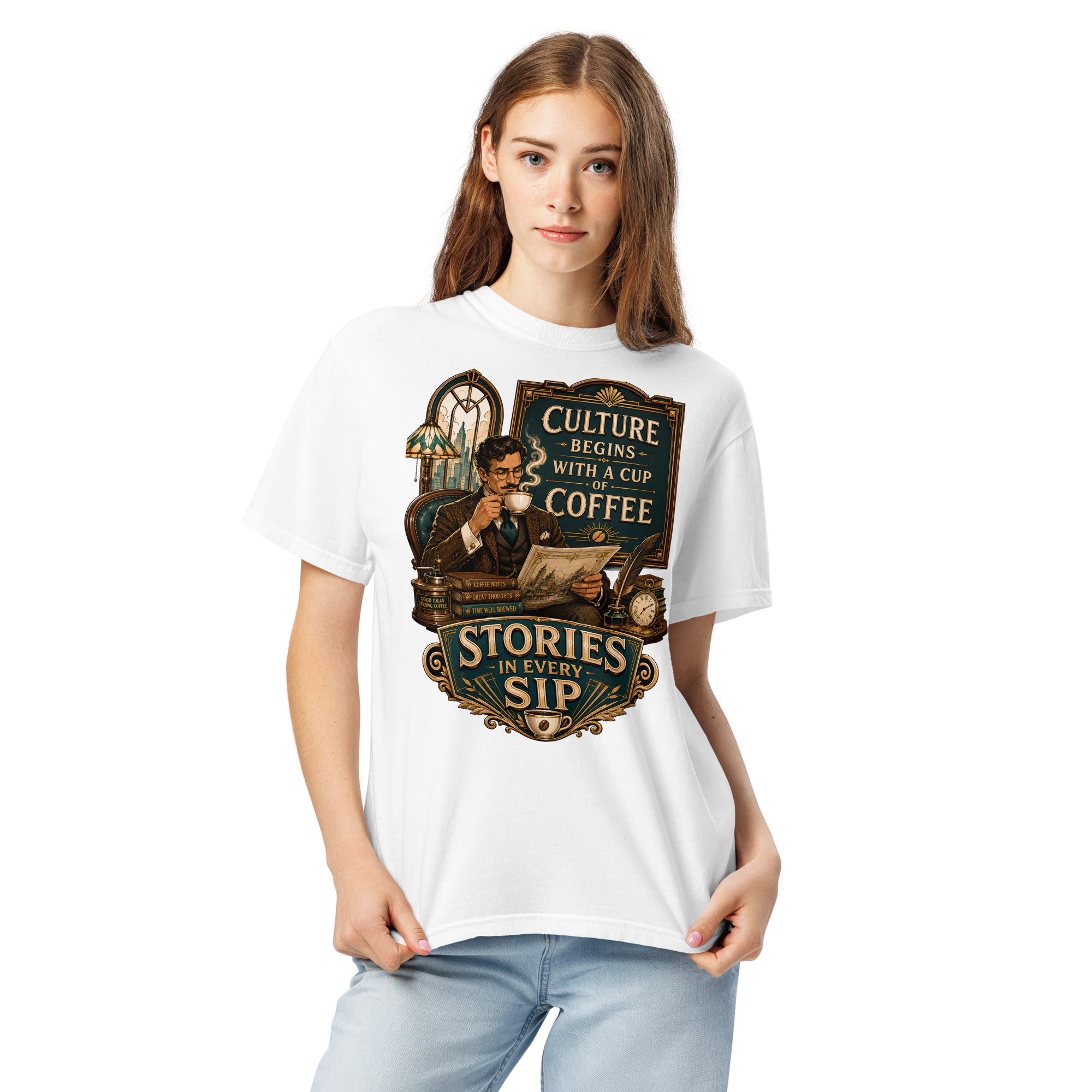 Coffee Lovers Unisex Heavyweight T-shirt Stories in Every Sip – Vintage Gentleman & Intellectual Coffee Graphic Tee by printfluence.net