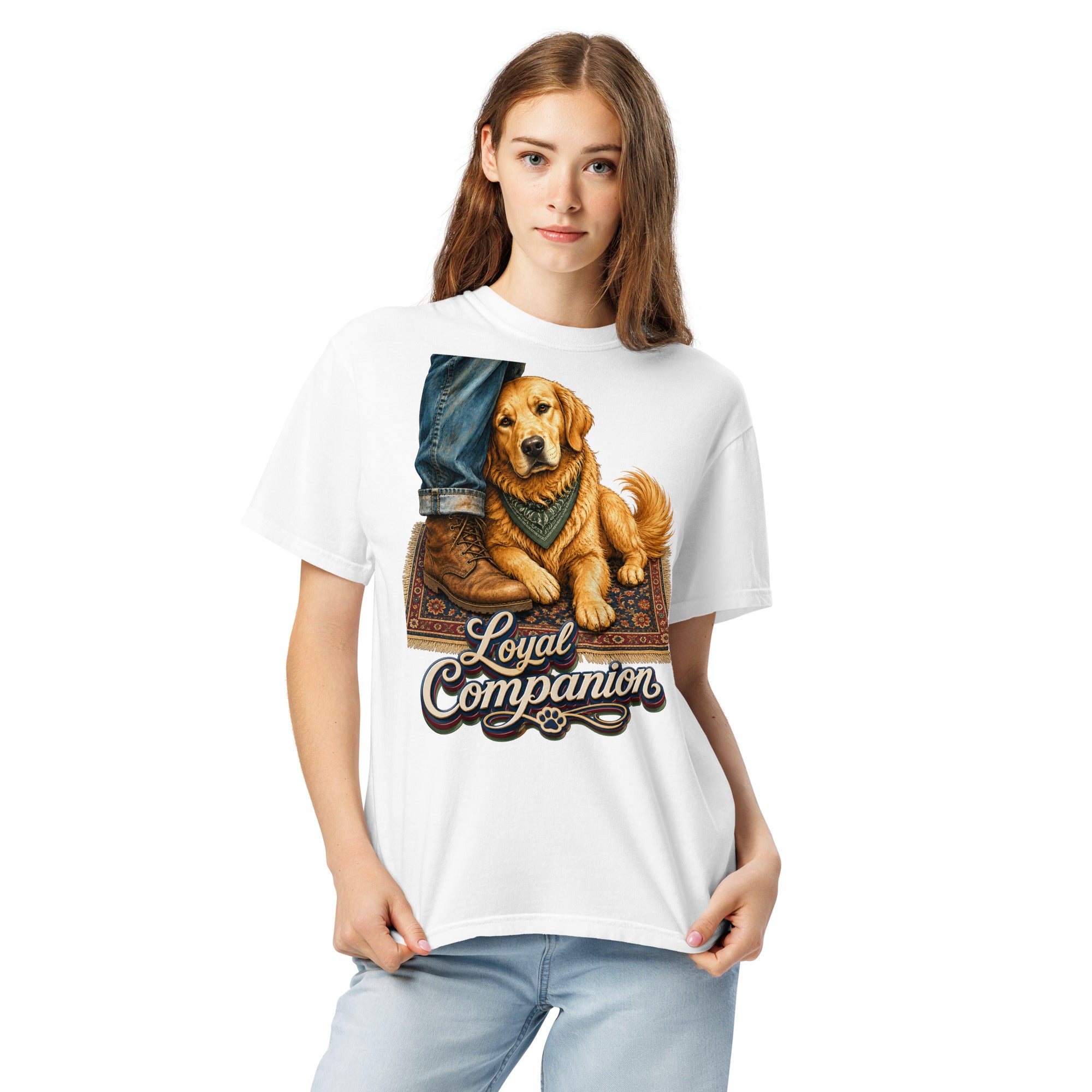 Golden Retriever Lovers Unisex Garment-Dyed Heavyweight T-Shirt — "Loyal Companion" Faithful Dog Resting on Rug Design by printfluence.net