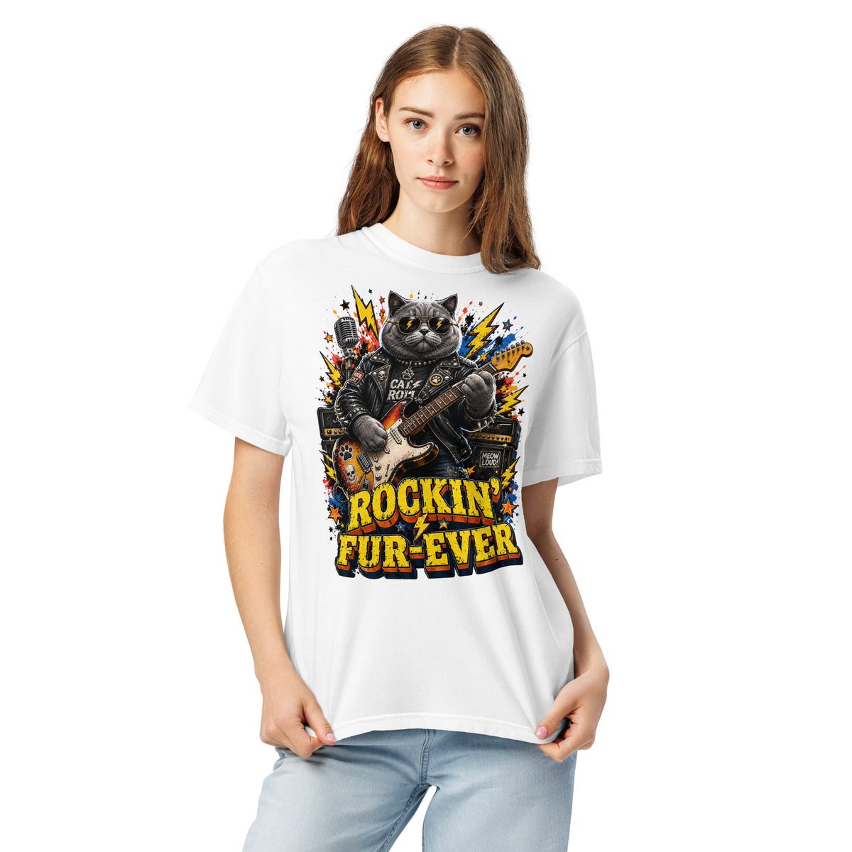 Cat Lovers Unisex Garment-Dyed Heavyweight T-Shirt "Rockin’ Fur-Ever" by printfluence.net