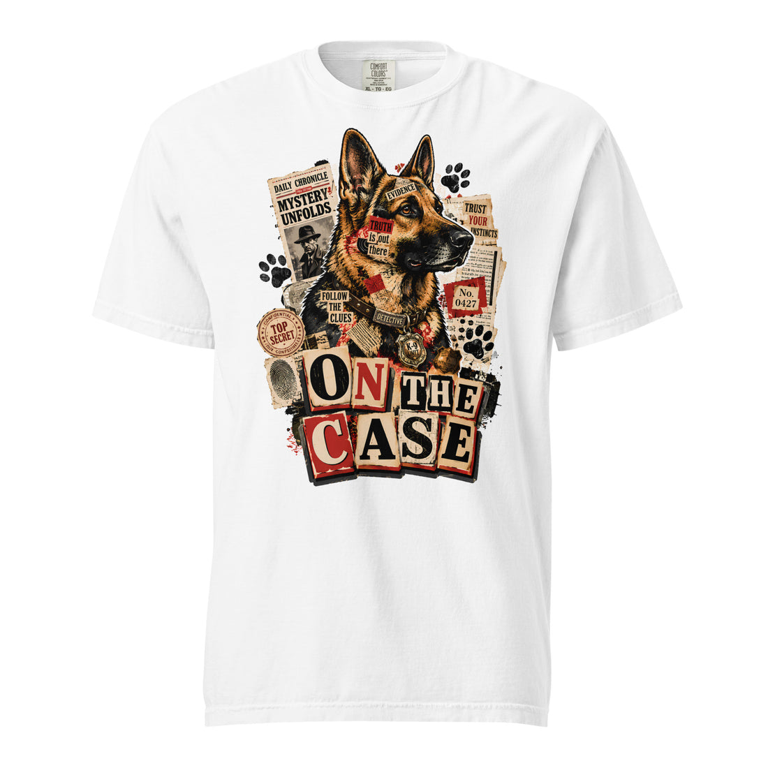 On The Case Detective Graphic Heavyweight T-Shirt | Vintage German Shepherd Unisex Tee T-1 by printfluence.net