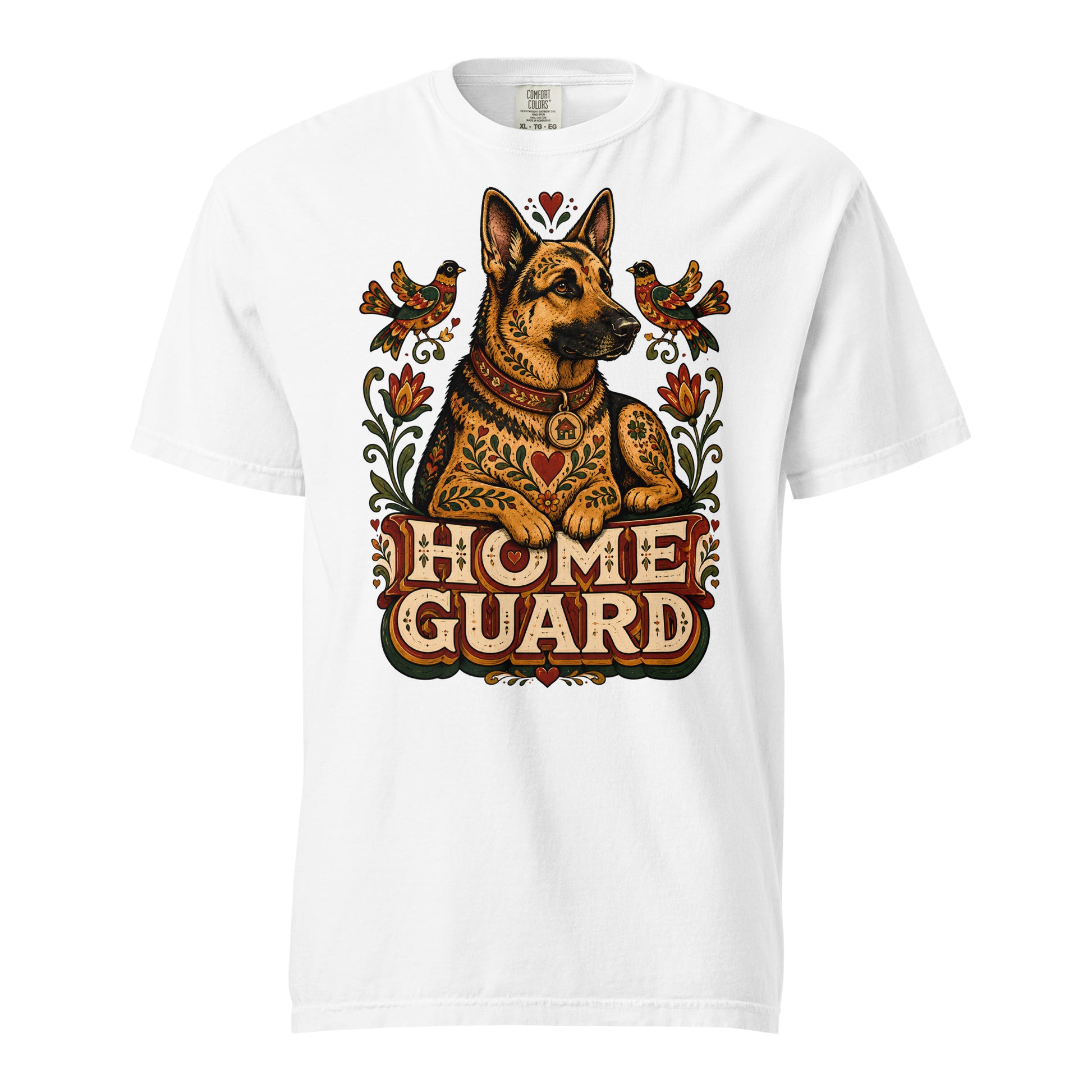 German Shepherd Lovers Unisex Garment-Dyed T-Shirt | Folk Art "Home Guard" Graphic Apparel by printfluence.net