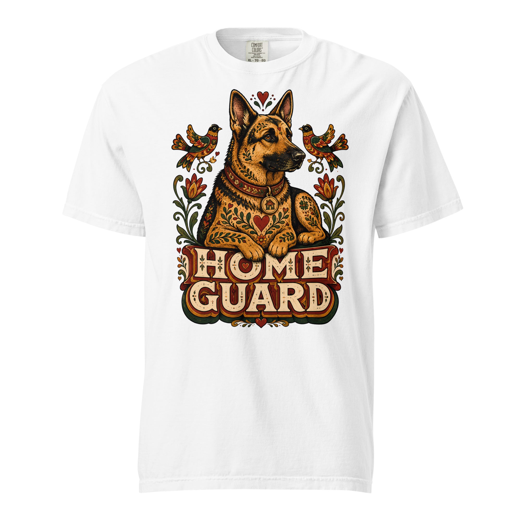 German Shepherd Lovers Unisex Garment-Dyed T-Shirt | Folk Art "Home Guard" Graphic Apparel by printfluence.net