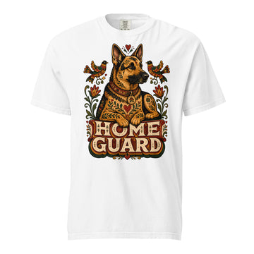 German Shepherd Lovers Unisex Garment-Dyed T-Shirt | Folk Art "Home Guard" Graphic Apparel by printfluence.net