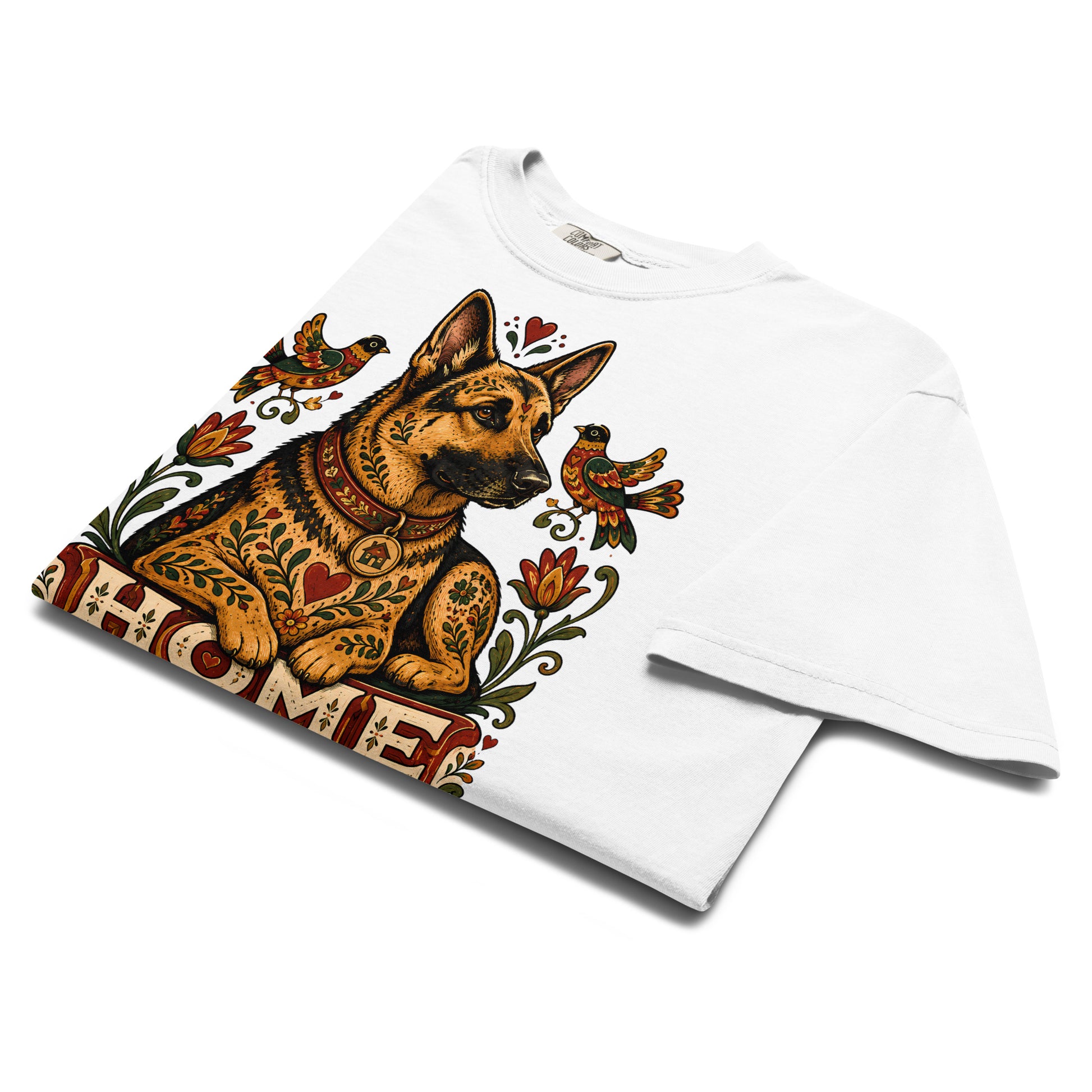 German Shepherd Lovers Unisex Garment-Dyed T-Shirt | Folk Art "Home Guard" Graphic Apparel by printfluence.net