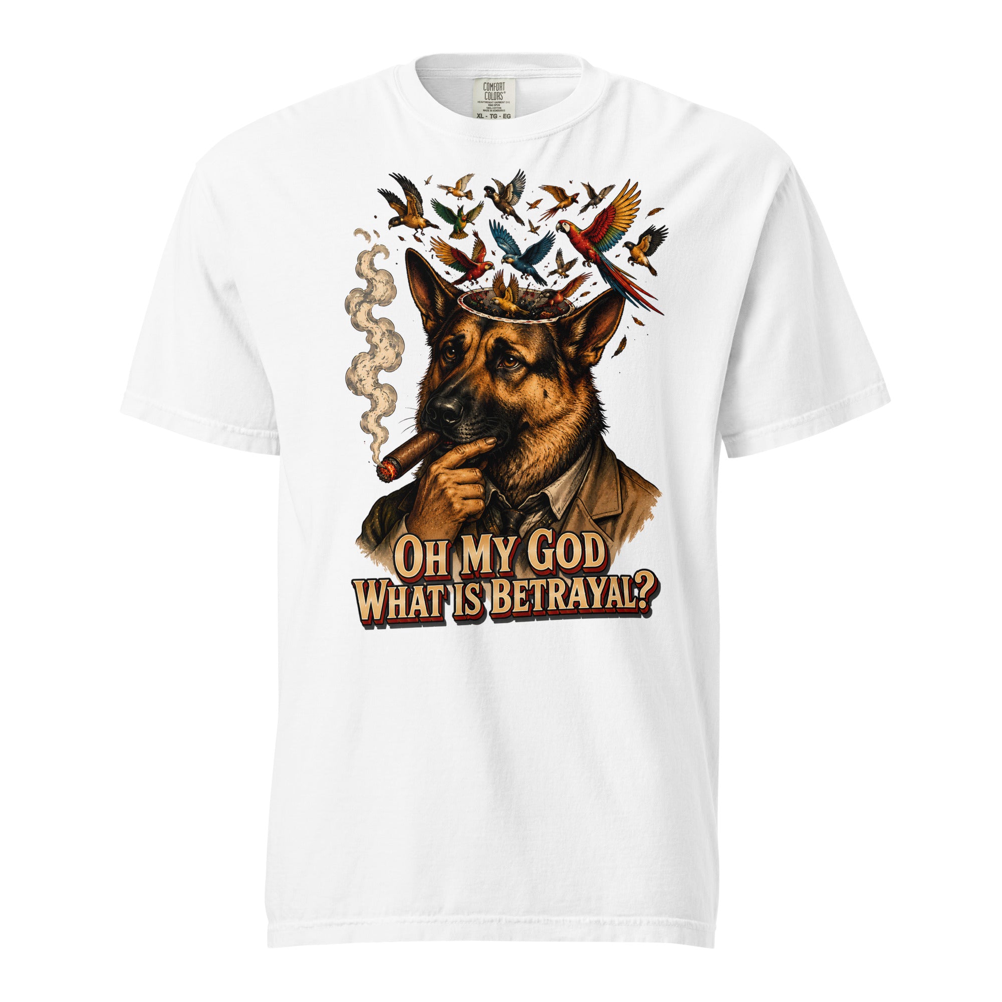 German Shepherd Lovers Unisex Garment-Dyed Heavyweight T-Shirt | "What Is Betrayal?" Philosophical Graphic Tee by printfluence.net