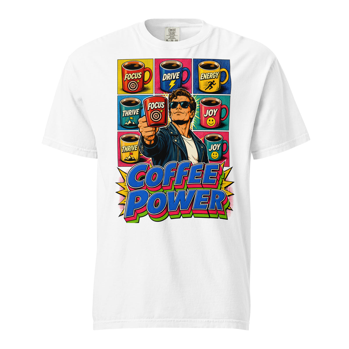 Coffee Lovers Unisex Garment-Dyed Heavyweight T-shirt Coffee Power – Retro Pop Art Motivational Graphic Tee by printfluence.net