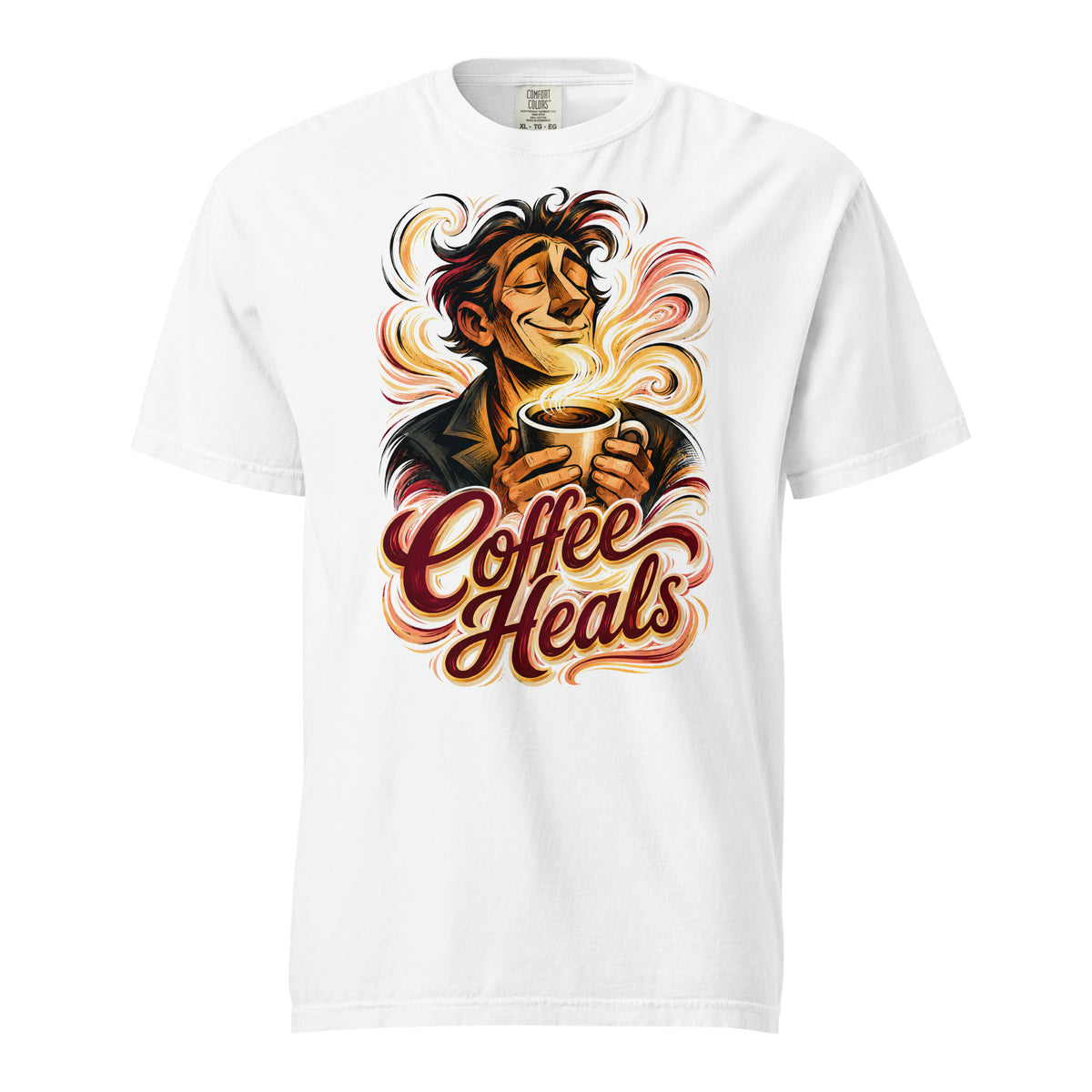 Coffee Lovers Unisex Garment-Dyed Heavyweight T-shirt Coffee Heals – Soulful Morning Motivation Graphic Tee by printfluence.net