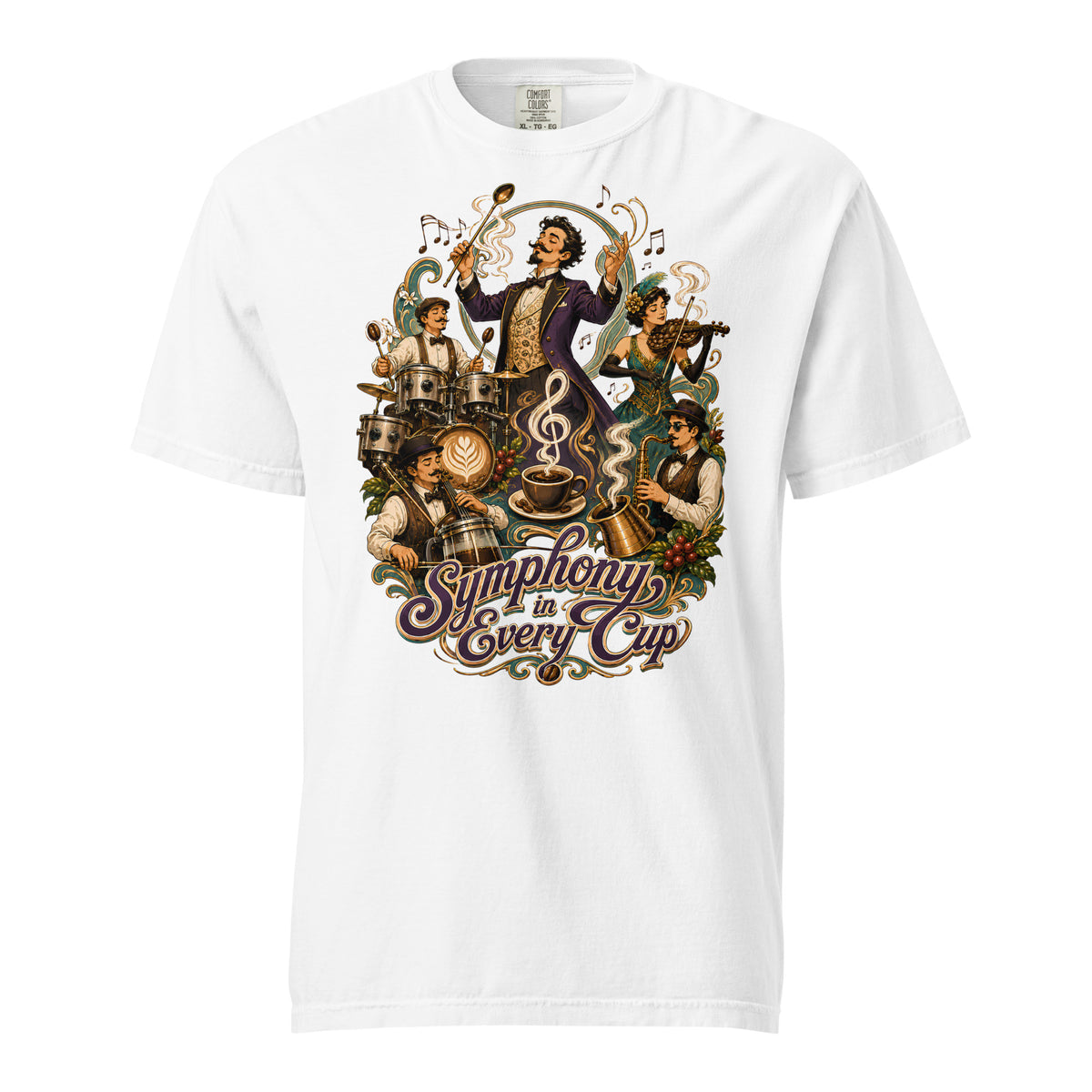 Coffee Lovers Unisex Heavyweight T-shirt Symphony in Every Cup – Musical & Orchestral Coffee Graphic Tee by printfluence.net