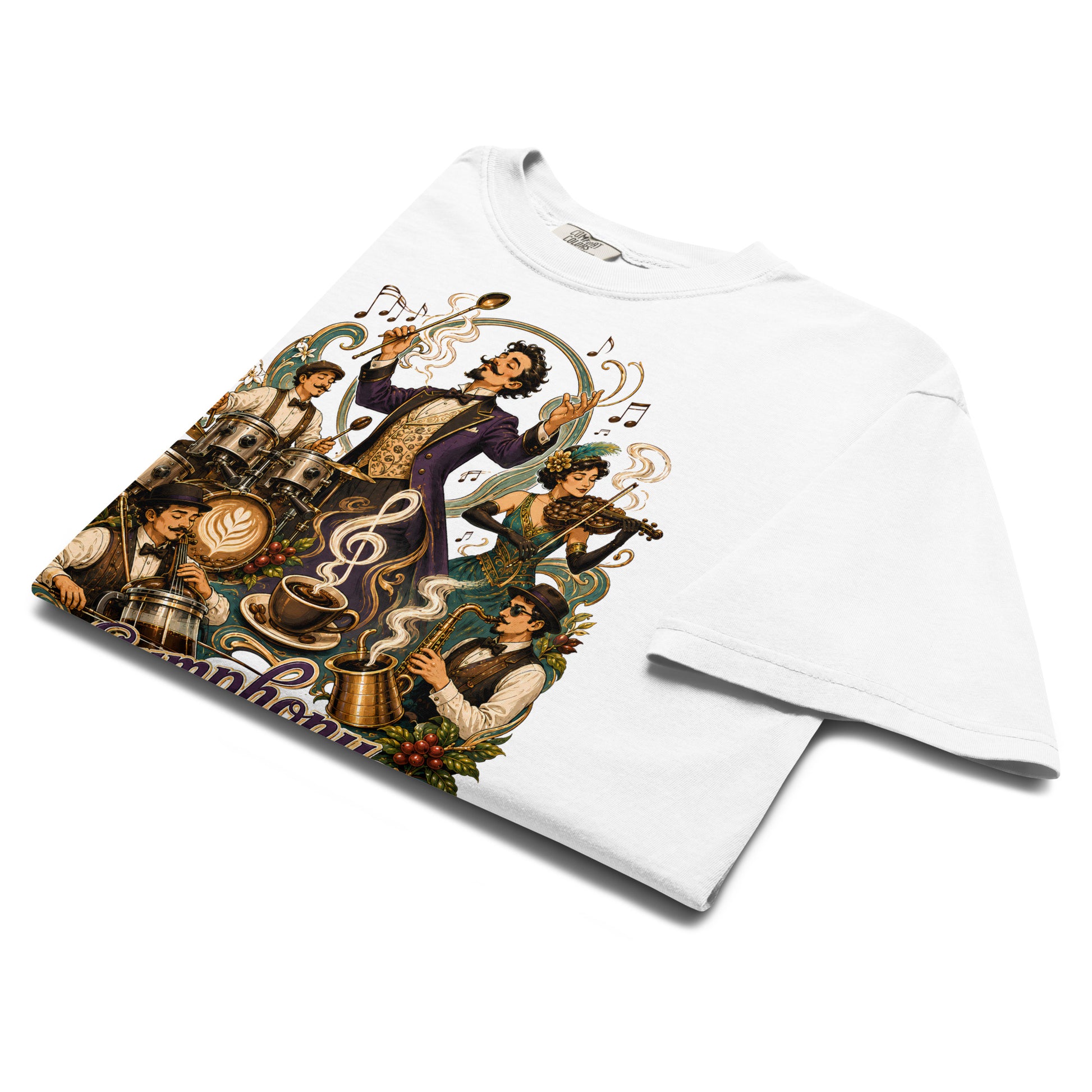 Coffee Lovers Unisex Heavyweight T-shirt Symphony in Every Cup – Musical & Orchestral Coffee Graphic Tee by printfluence.net