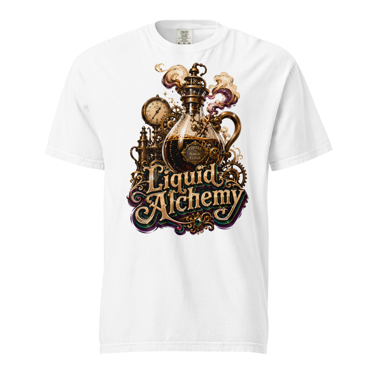 Coffee Lovers Unisex Garment-Dyed Heavyweight T-shirt Liquid Alchemy – Steampunk Coffee Magic Elixir Graphic Tee by printfluence.net