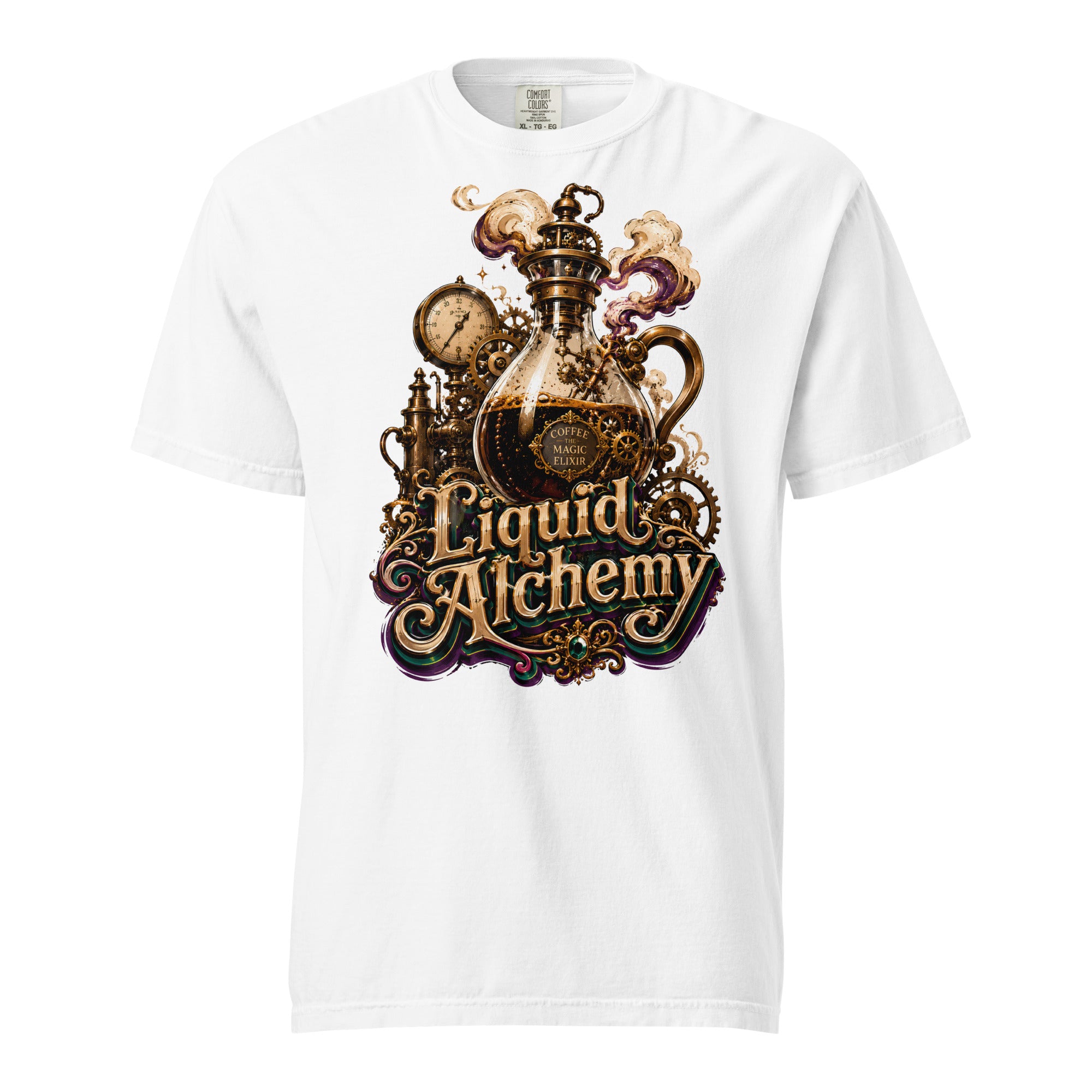 Coffee Lovers Unisex Garment-Dyed Heavyweight T-shirt Liquid Alchemy – Steampunk Coffee Magic Elixir Graphic Tee by printfluence.net