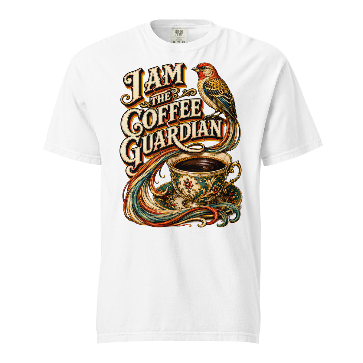 Coffee Lovers Unisex Heavyweight T-shirt The Coffee Guardian – Whimsical Bird & Vintage Cup Graphic Tee by printfluence.net