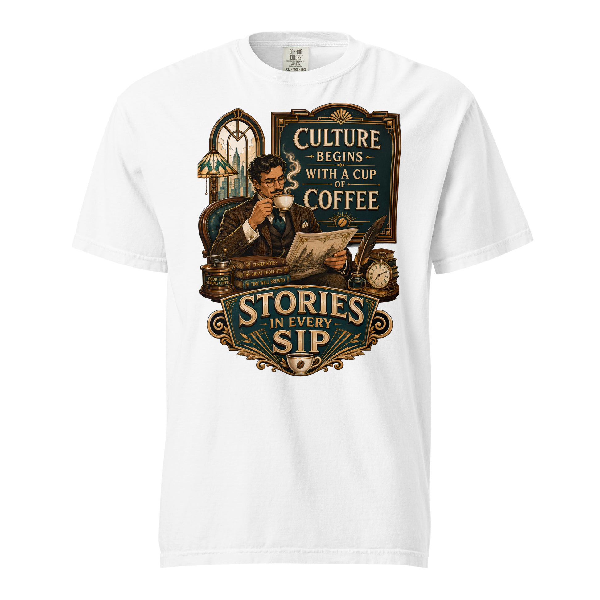 Coffee Lovers Unisex Heavyweight T-shirt Stories in Every Sip – Vintage Gentleman & Intellectual Coffee Graphic Tee by printfluence.net