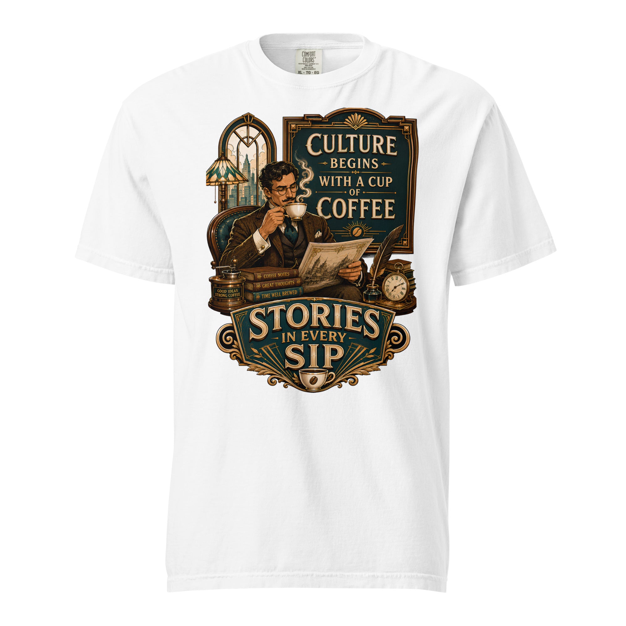 Coffee Lovers Unisex Heavyweight T-shirt Stories in Every Sip – Vintage Gentleman & Intellectual Coffee Graphic Tee by printfluence.net