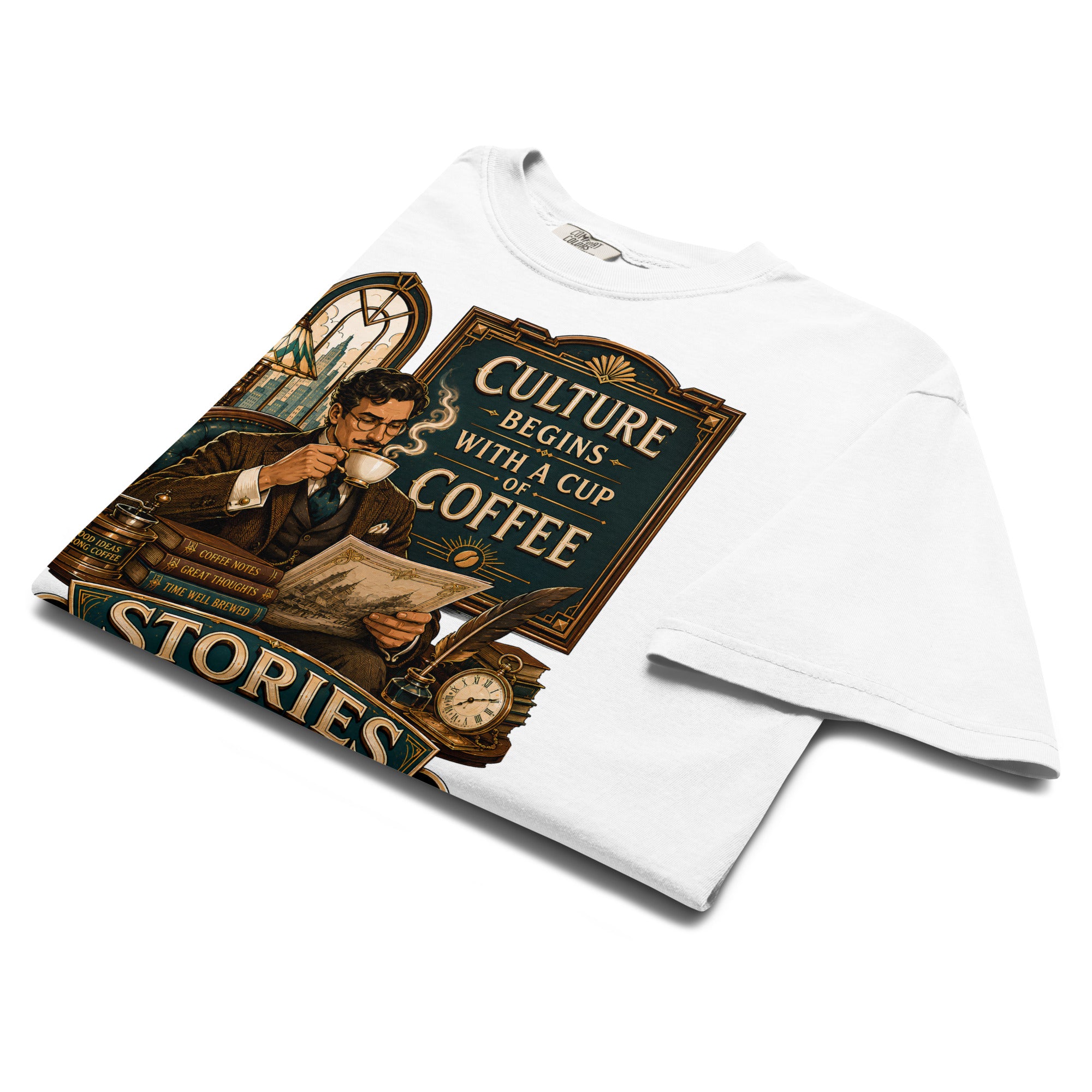 Coffee Lovers Unisex Heavyweight T-shirt Stories in Every Sip – Vintage Gentleman & Intellectual Coffee Graphic Tee by printfluence.net