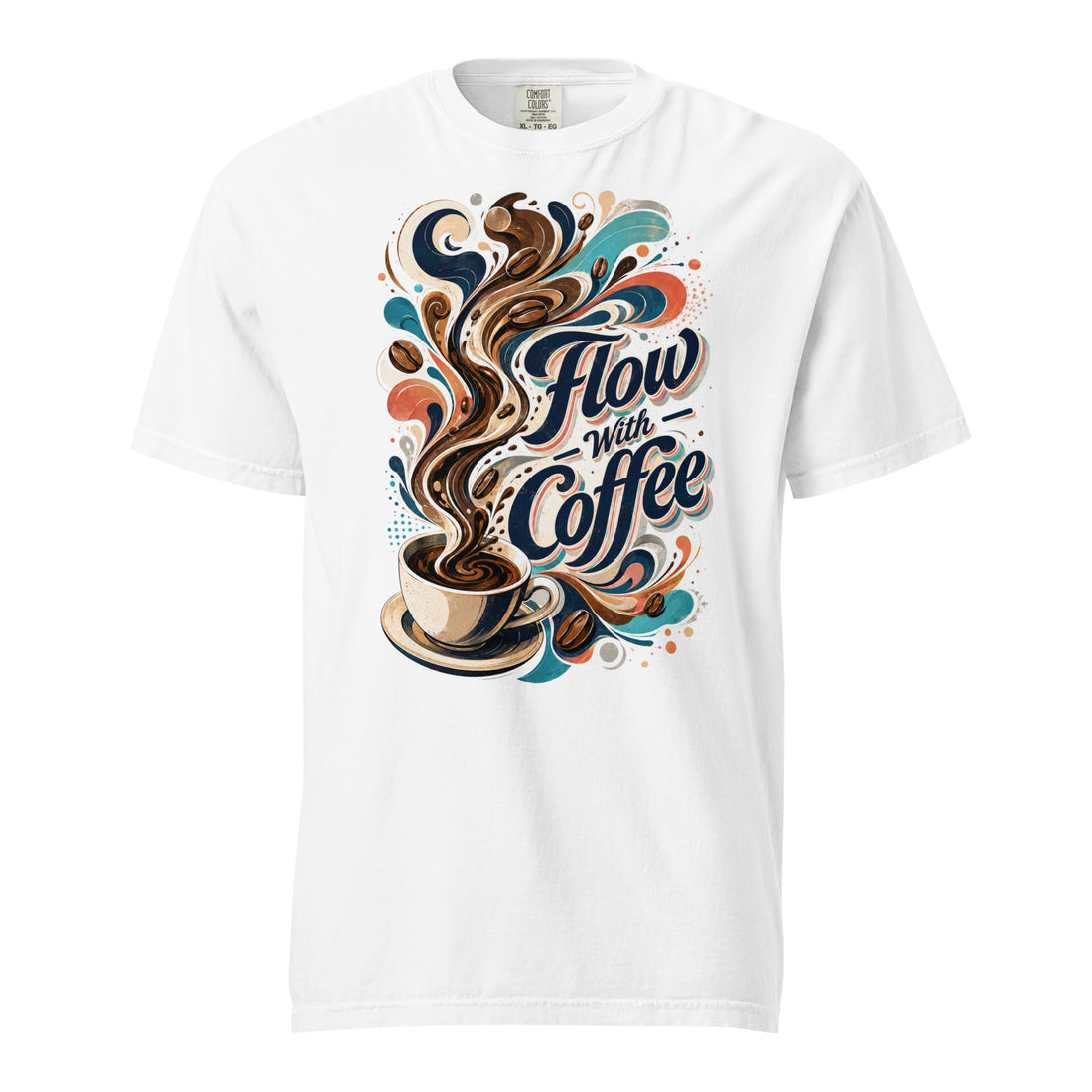 Coffee Lovers Heavyweight T-Shirt Flow with Coffee – Abstract Swirl & Coffee Bean Graphic Tee by printfluence.net