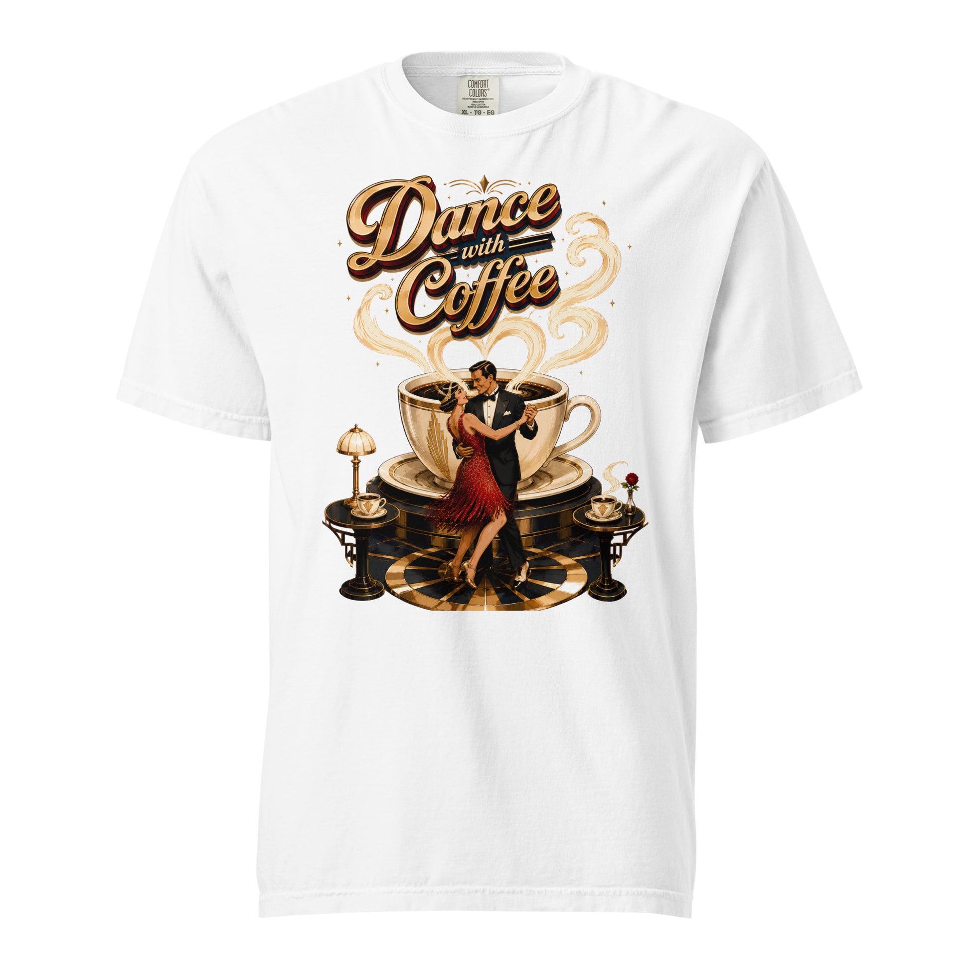 Coffee Lovers Unisex Garment-Dyed Heavyweight T-Shirt Dance with Coffee – Art Deco Dancer & Giant Cup Graphic Tee by printfluence.net