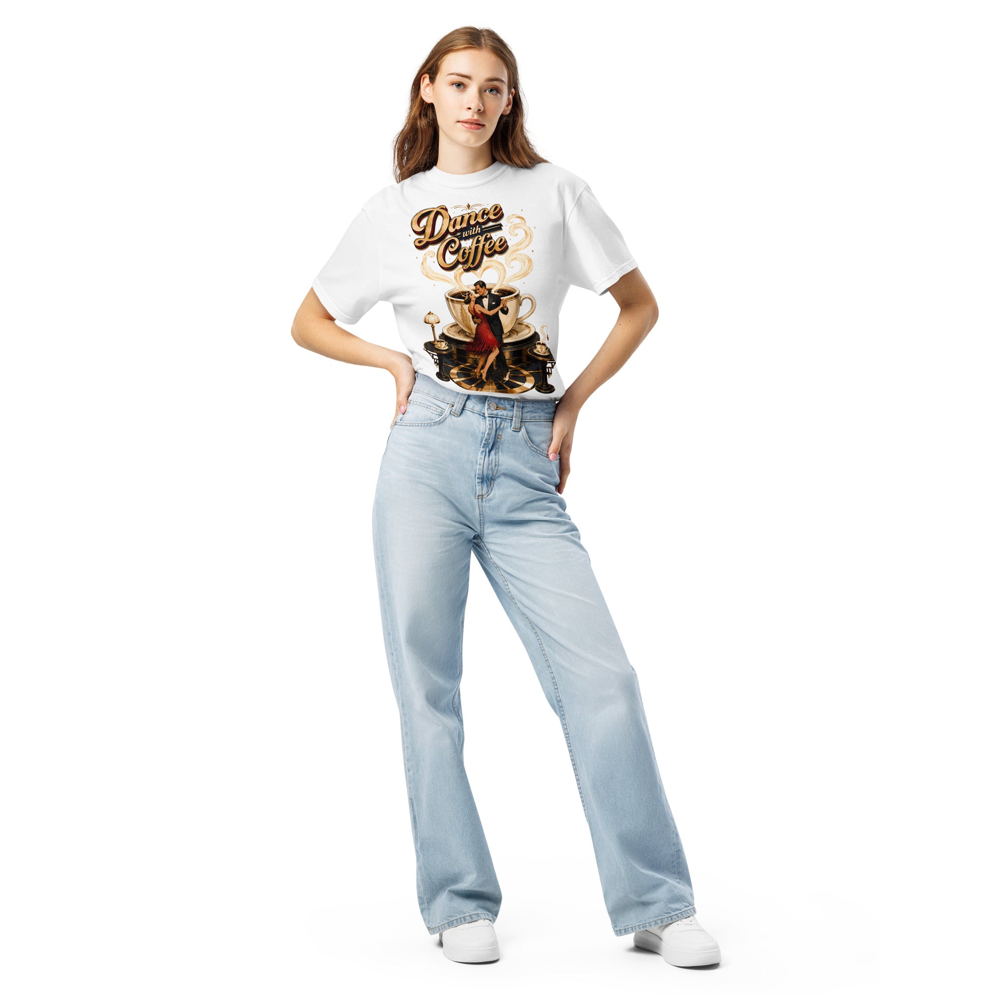 Coffee Lovers Unisex Garment-Dyed Heavyweight T-Shirt Dance with Coffee – Art Deco Dancer & Giant Cup Graphic Tee by printfluence.net