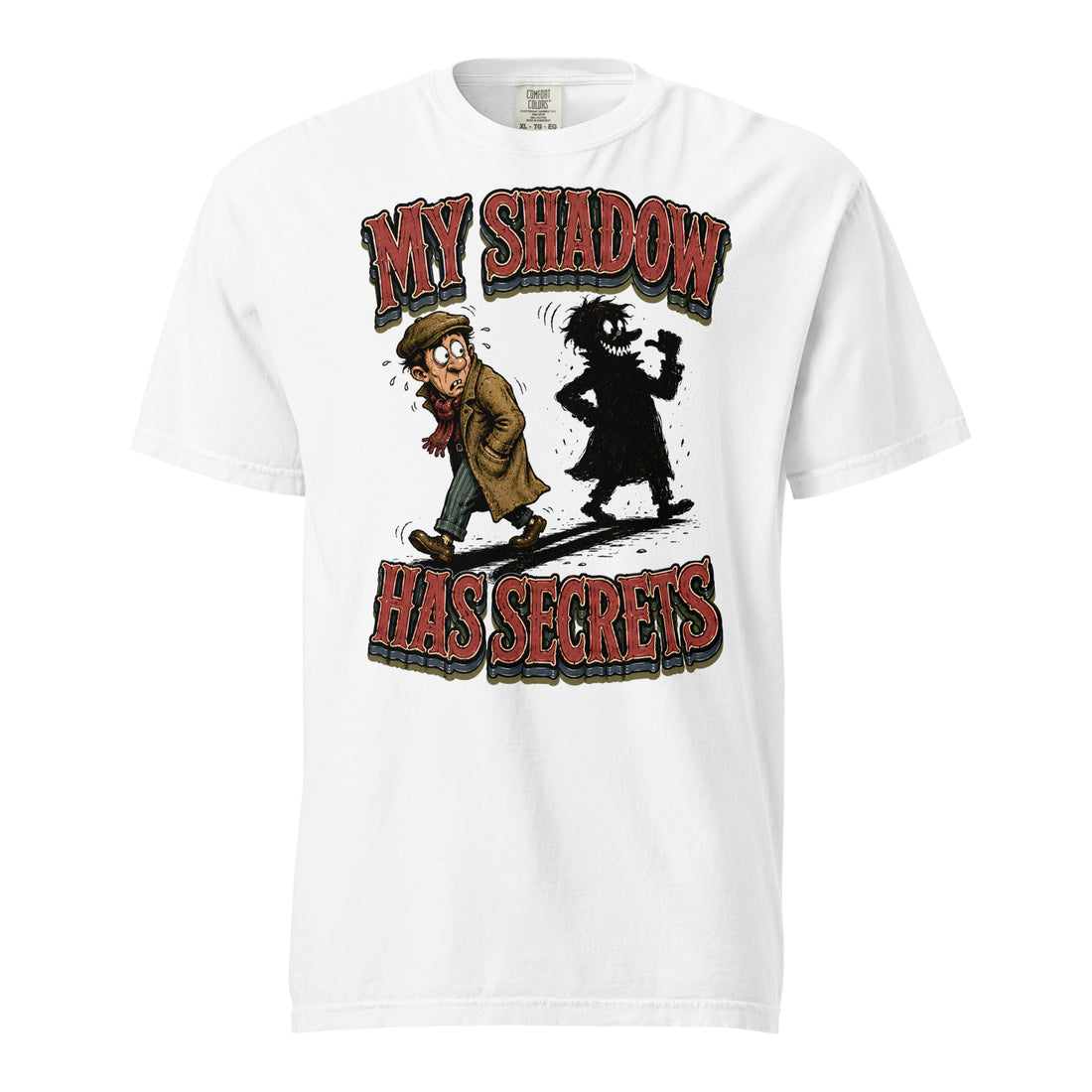 Horror & Mystery Lovers Unisex Garment-Dyed Heavyweight T-Shirt with "My Shadow Has Secrets" Design by printfluence.net
