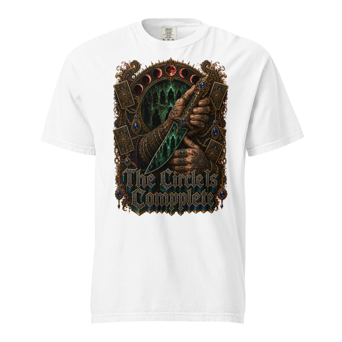 Occult & Esoteric Art Lovers Unisex Garment-Dyed Heavyweight T-Shirt with Ritual Dagger and "The Circle Is Complete" Design by printfluence.net