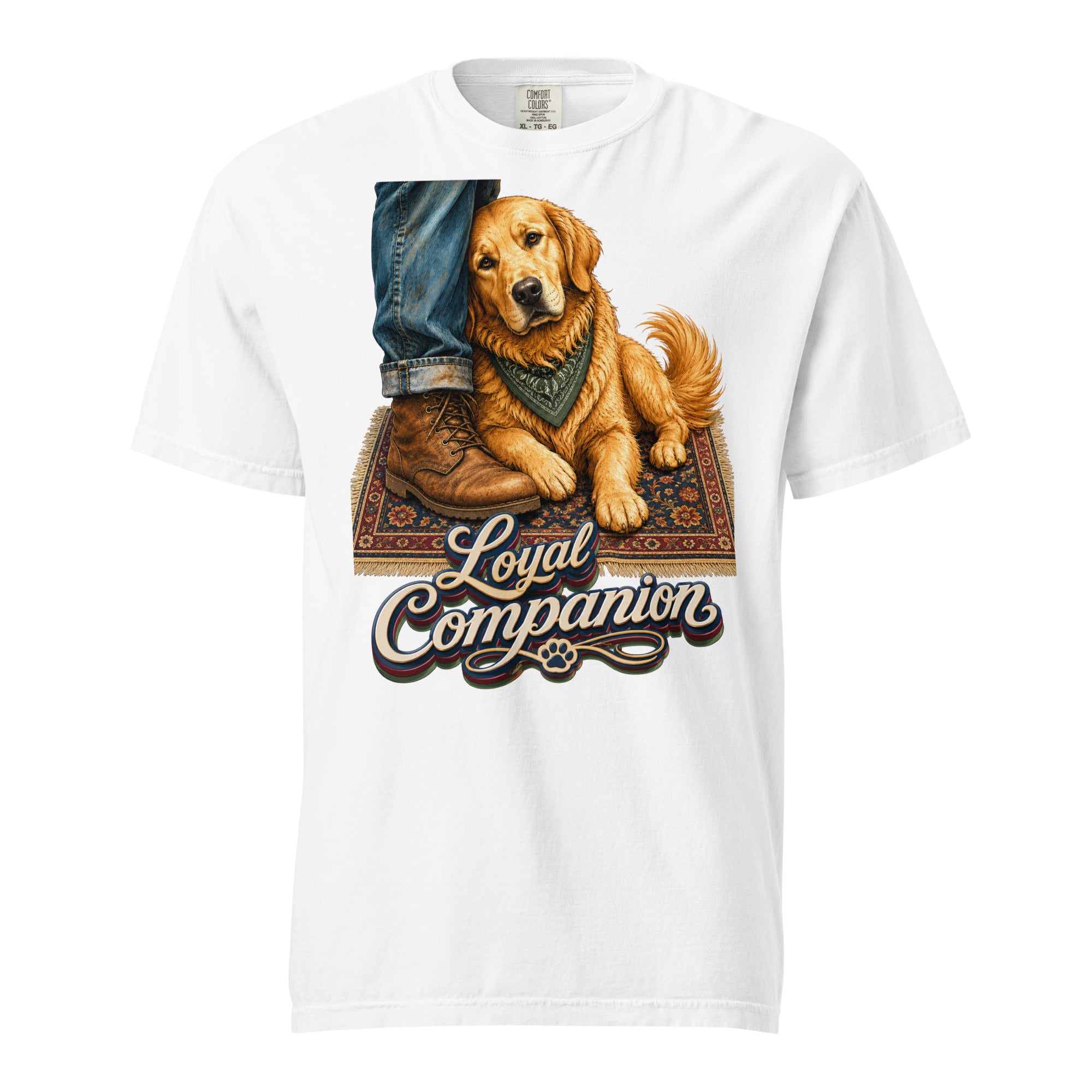 Golden Retriever Lovers Unisex Garment-Dyed Heavyweight T-Shirt — "Loyal Companion" Faithful Dog Resting on Rug Design by printfluence.net