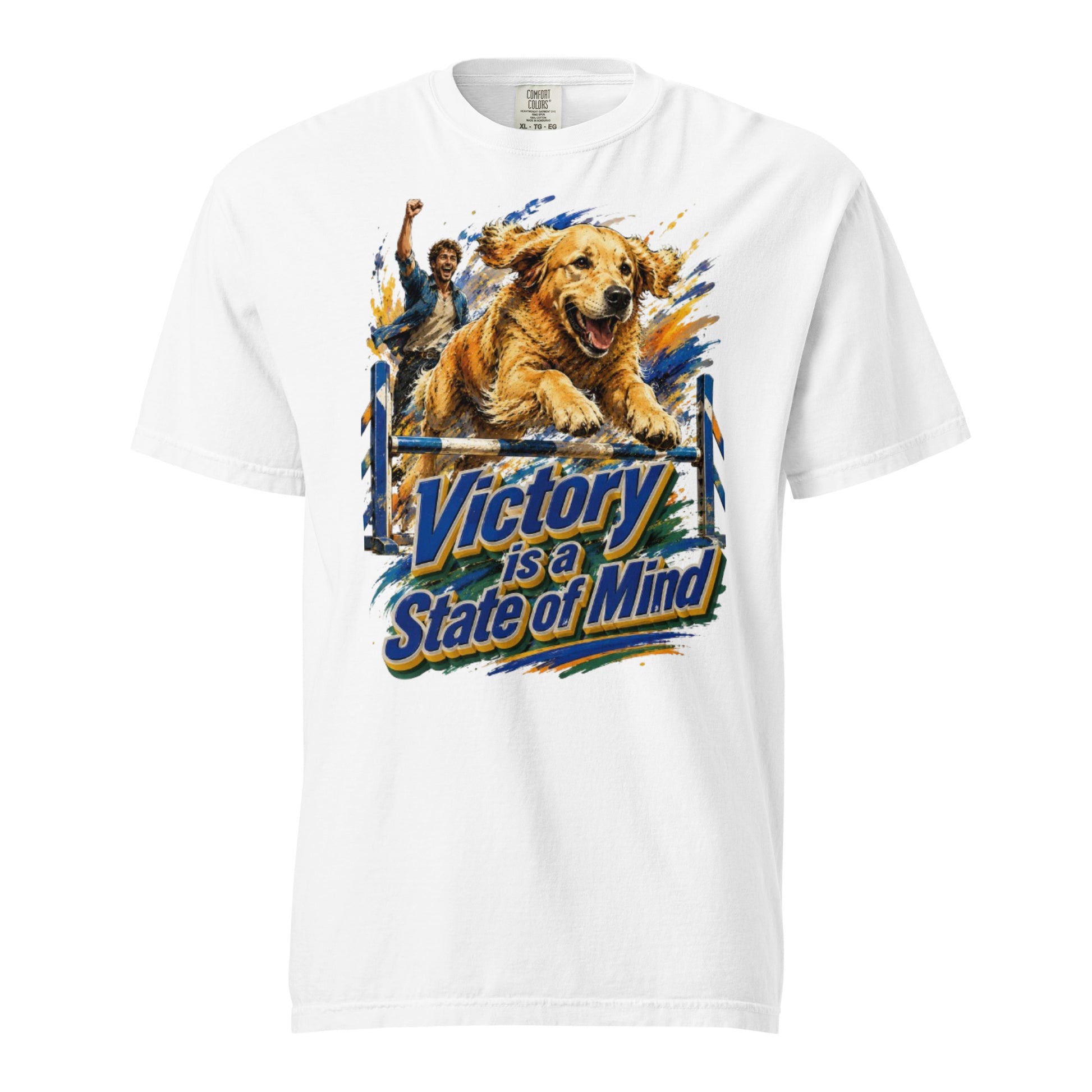 Golden Retriever Lovers Unisex Garment-Dyed Heavyweight T-Shirt — "Victory is a State of Mind" Agility Jumping Dog and Owner Design by printfluence.net