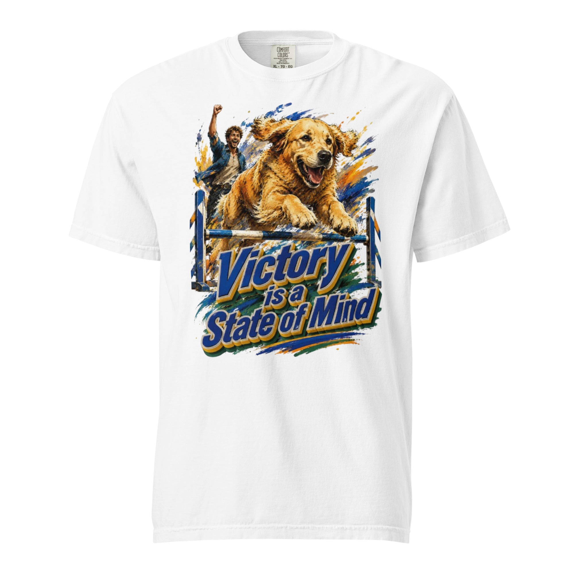 Golden Retriever Lovers Unisex Garment-Dyed Heavyweight T-Shirt — "Victory is a State of Mind" Agility Jumping Dog and Owner Design by printfluence.net