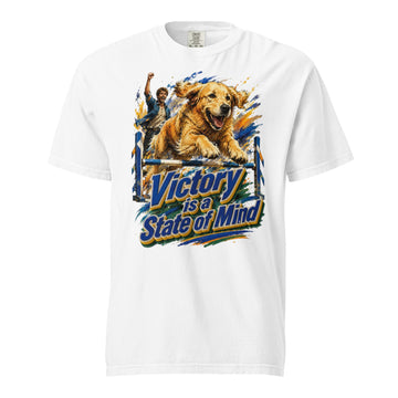 Golden Retriever Lovers Unisex Garment-Dyed Heavyweight T-Shirt — "Victory is a State of Mind" Agility Jumping Dog and Owner Design by printfluence.net