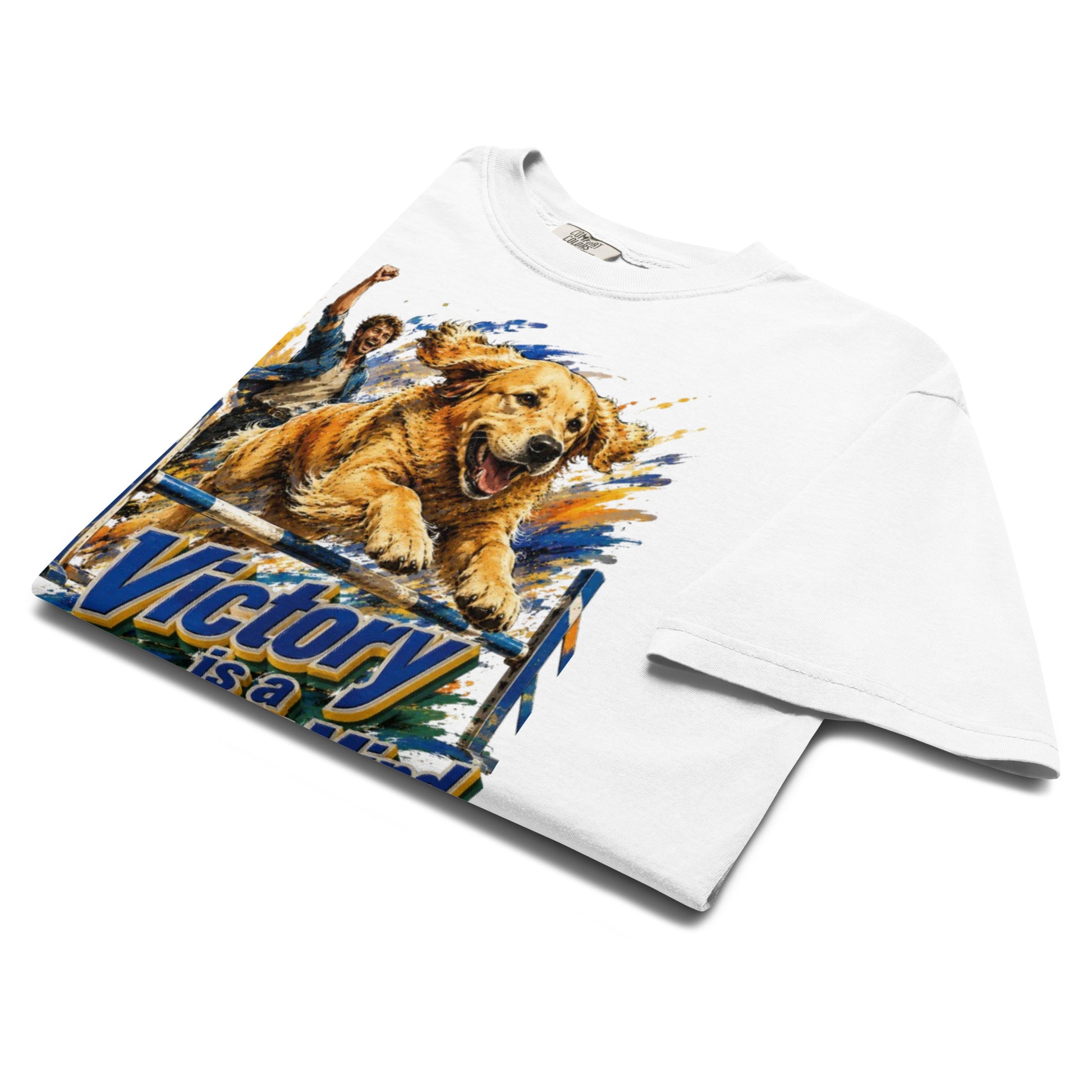 Golden Retriever Lovers Unisex Garment-Dyed Heavyweight T-Shirt — "Victory is a State of Mind" Agility Jumping Dog and Owner Design by printfluence.net