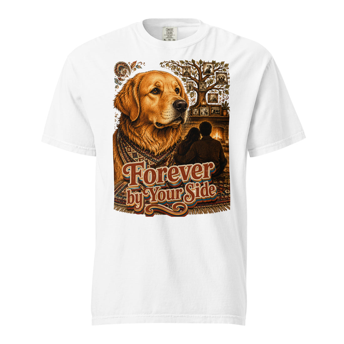 Golden Retriever Lovers Unisex Garment-Dyed Heavyweight T-Shirt — "Forever by Your Side" Family Tree and Fireside Dog Design by printfluence.net