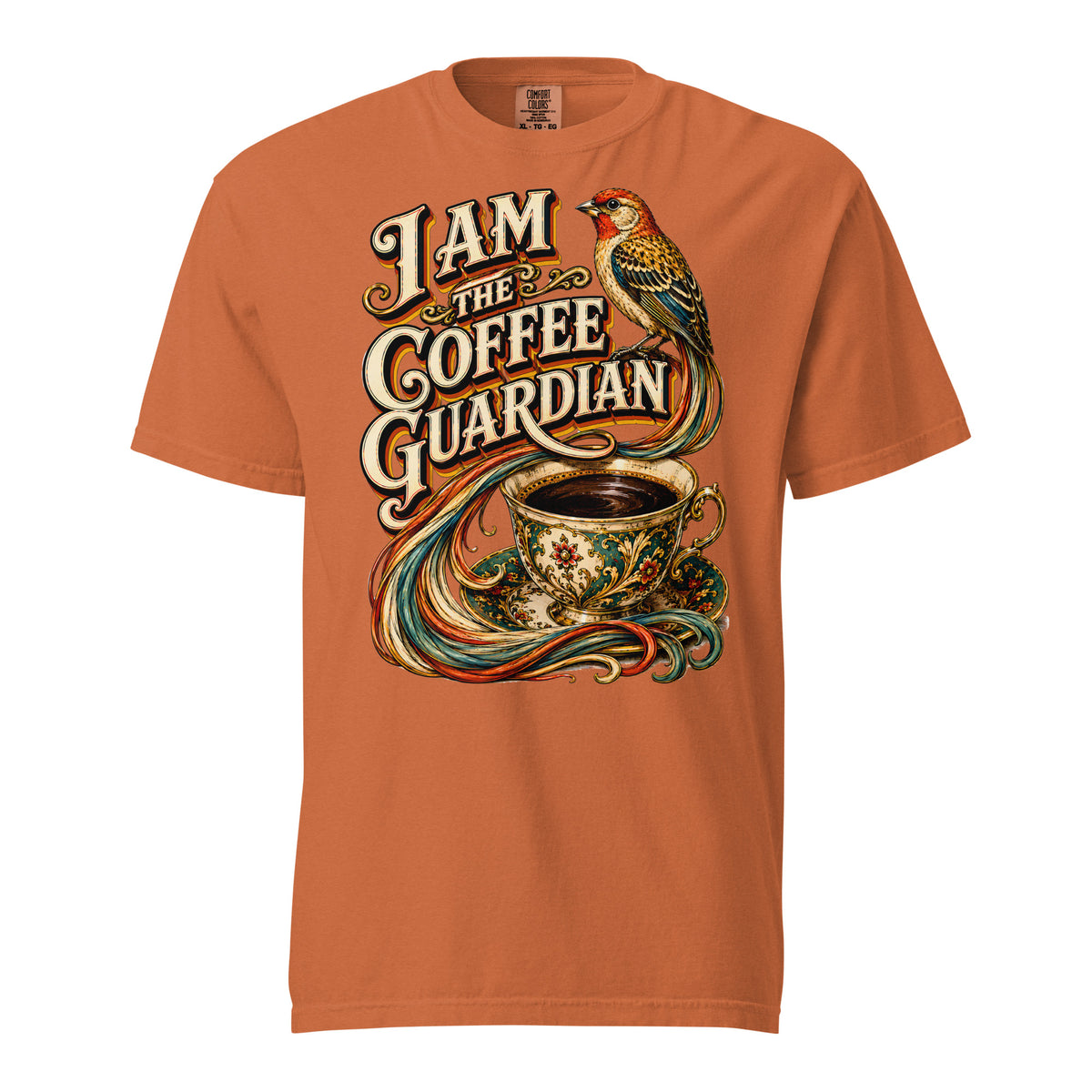 Coffee Lovers Unisex Heavyweight T-shirt The Coffee Guardian – Whimsical Bird & Vintage Cup Graphic Tee by printfluence.net
