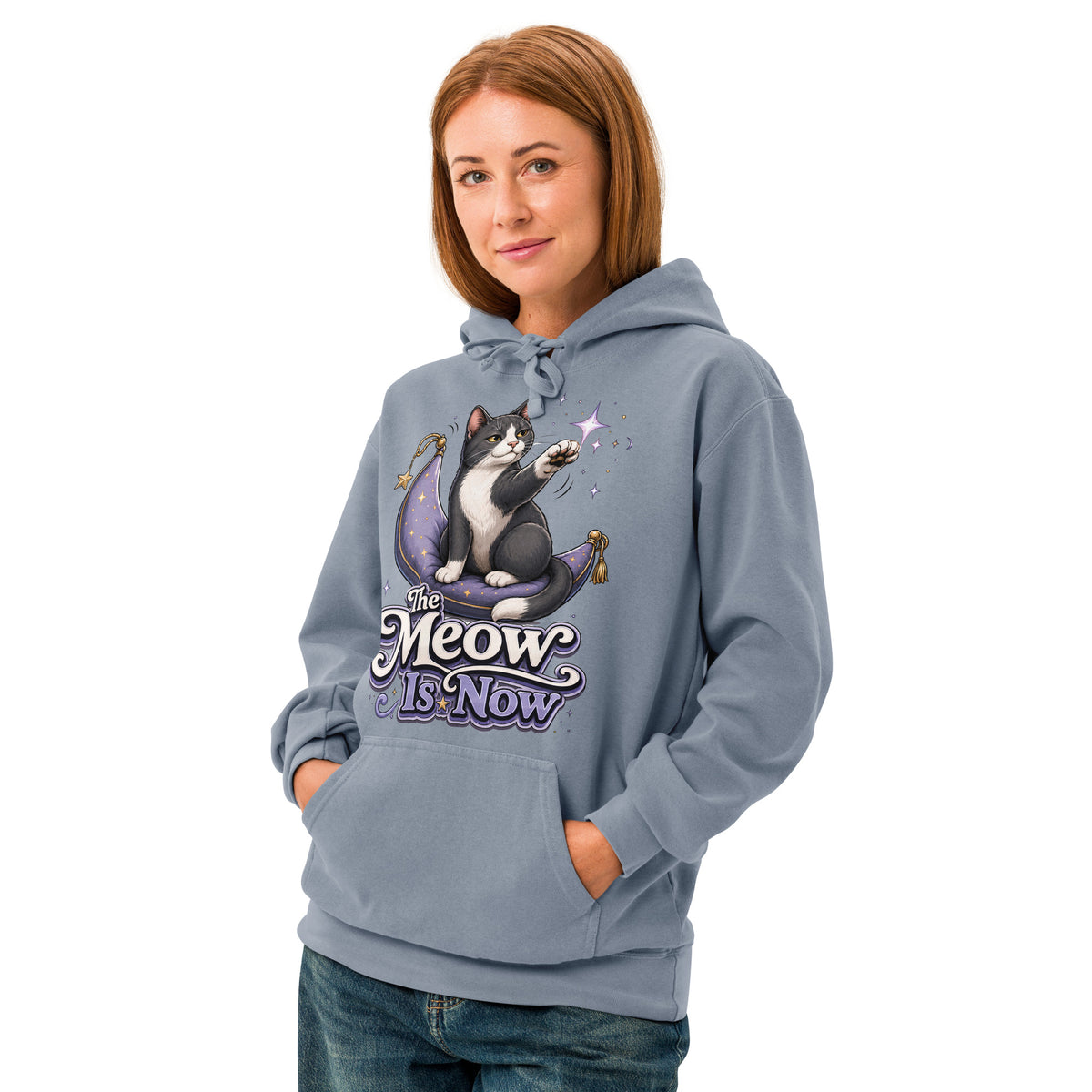 Cat Lovers "The Meow Is Now" Unisex Garment-Dyed Hoodie by printfluence.net