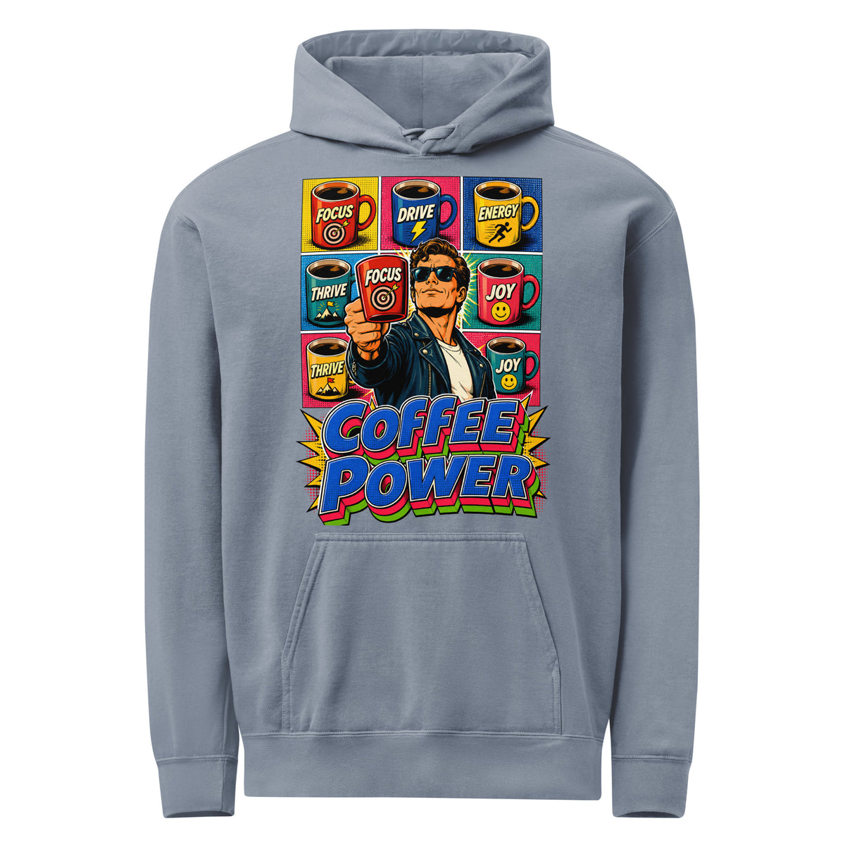 Coffee Lovers Unisex Garment-Dyed Hoodie Coffee Power – Retro Pop Art Motivational Graphic Pullover by printfluence.net