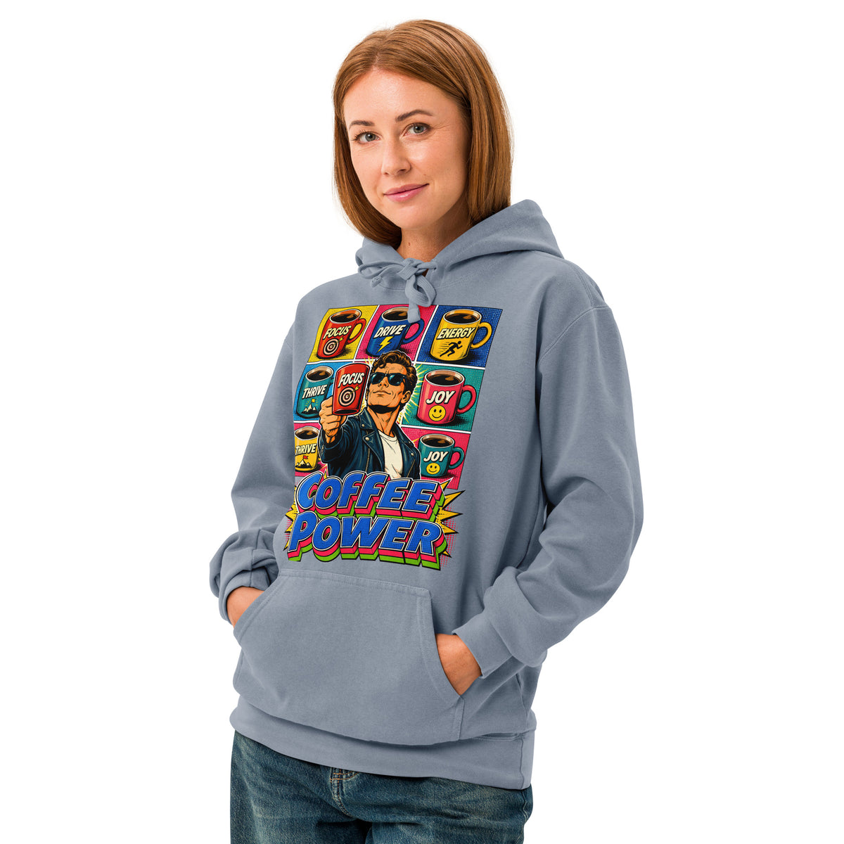 Coffee Lovers Unisex Garment-Dyed Hoodie Coffee Power – Retro Pop Art Motivational Graphic Pullover by printfluence.net