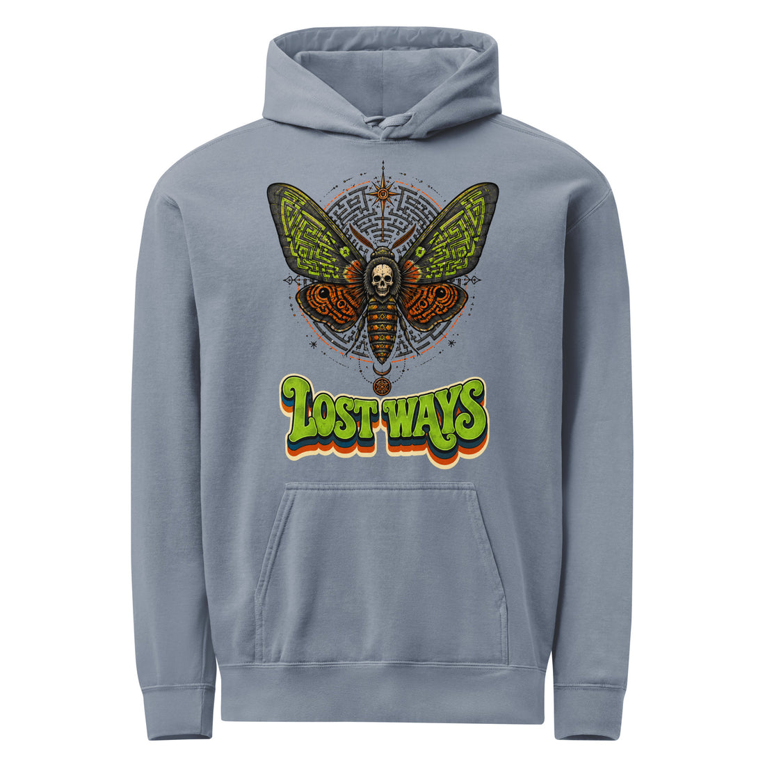 Horror & Mystery Lovers Unisex Garment-Dyed Hoodie with Death's-Head Moth and "Lost Ways" Maze Design by printfluence.net
