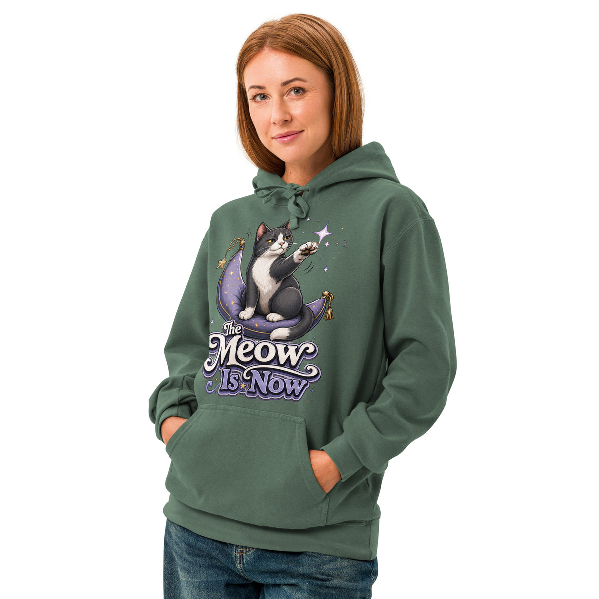 Cat Lovers "The Meow Is Now" Unisex Garment-Dyed Hoodie by printfluence.net