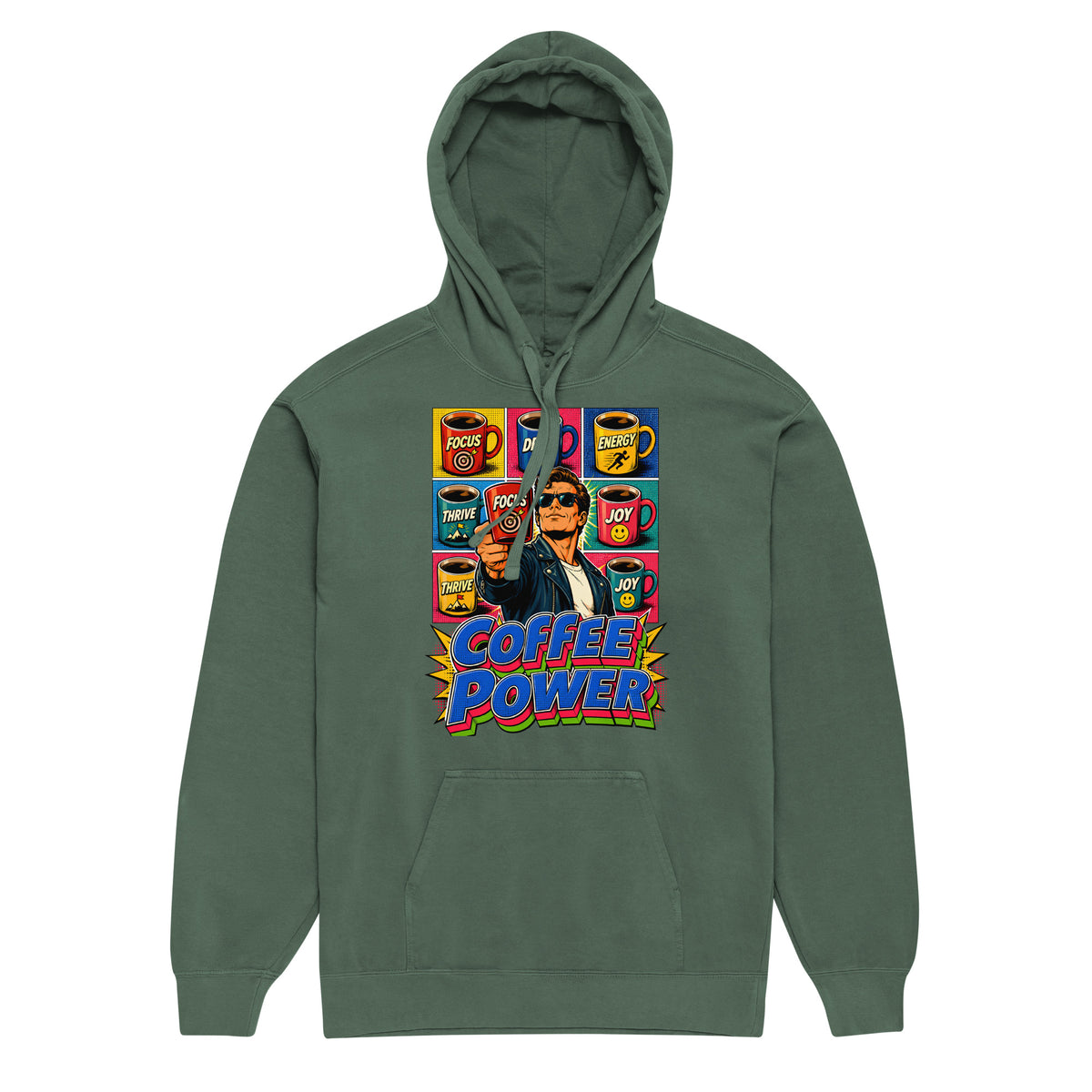 Coffee Lovers Unisex Garment-Dyed Hoodie Coffee Power – Retro Pop Art Motivational Graphic Pullover by printfluence.net