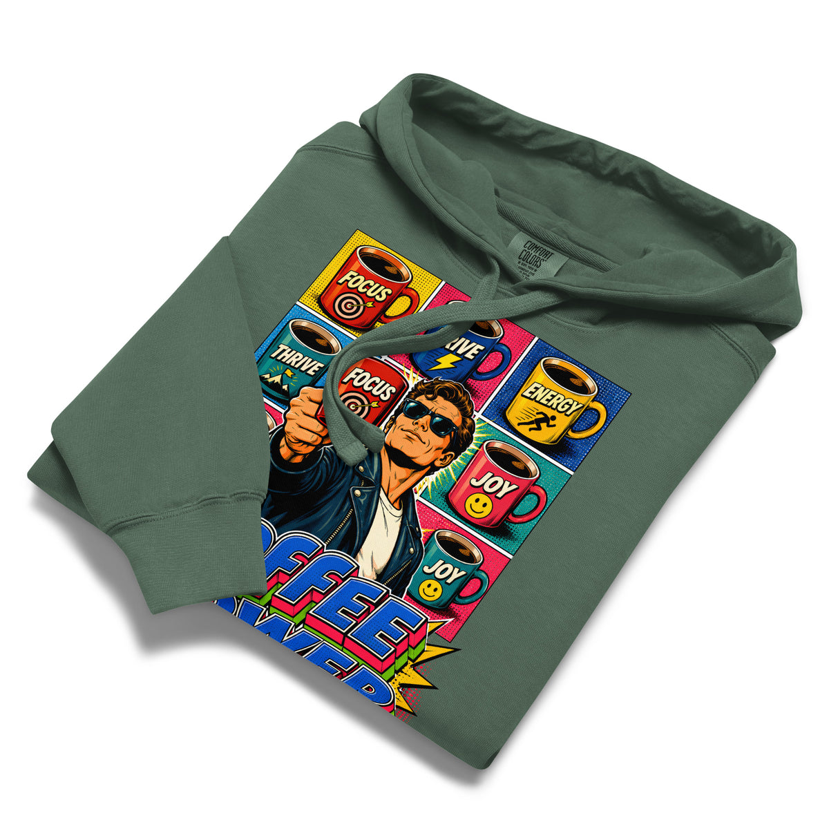 Coffee Lovers Unisex Garment-Dyed Hoodie Coffee Power – Retro Pop Art Motivational Graphic Pullover by printfluence.net