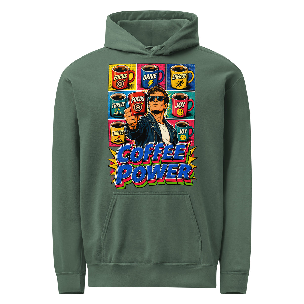 Coffee Lovers Unisex Garment-Dyed Hoodie Coffee Power – Retro Pop Art Motivational Graphic Pullover by printfluence.net