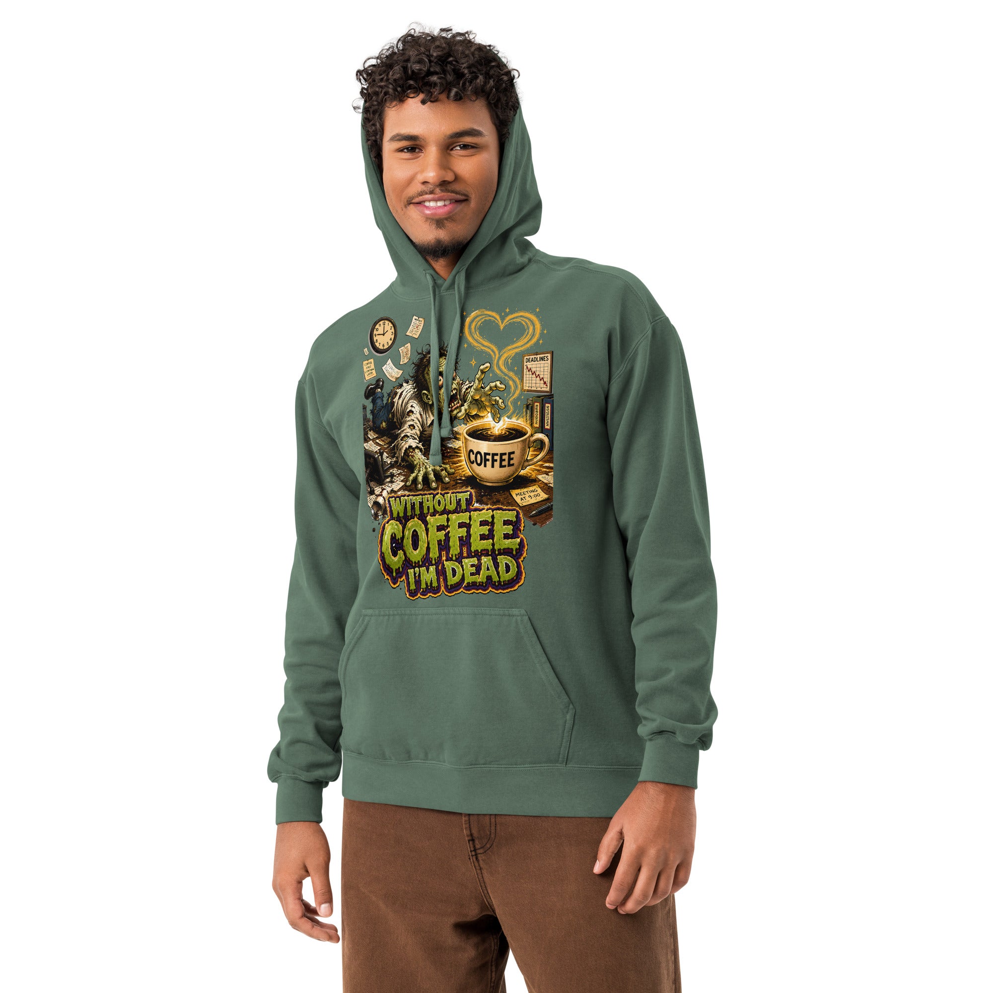 Coffee Lovers Unisex Garment-Dyed Hoodie Without Coffee I'm Dead – Zombie Office Humor Graphic Pullover by printfluence.net