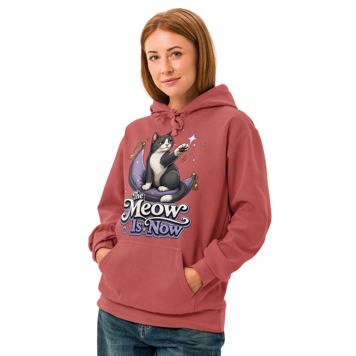 Cat Lovers "The Meow Is Now" Unisex Garment-Dyed Hoodie by printfluence.net