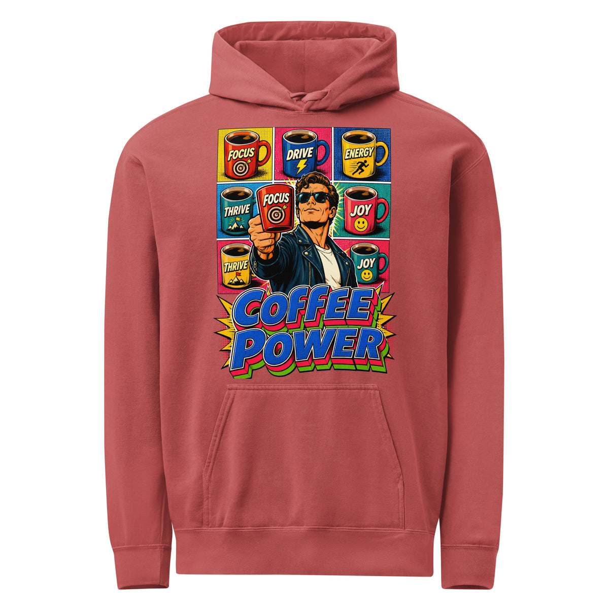 Coffee Lovers Unisex Garment-Dyed Hoodie Coffee Power – Retro Pop Art Motivational Graphic Pullover by printfluence.net