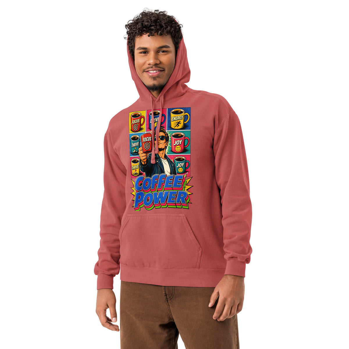 Coffee Lovers Unisex Garment-Dyed Hoodie Coffee Power – Retro Pop Art Motivational Graphic Pullover by printfluence.net